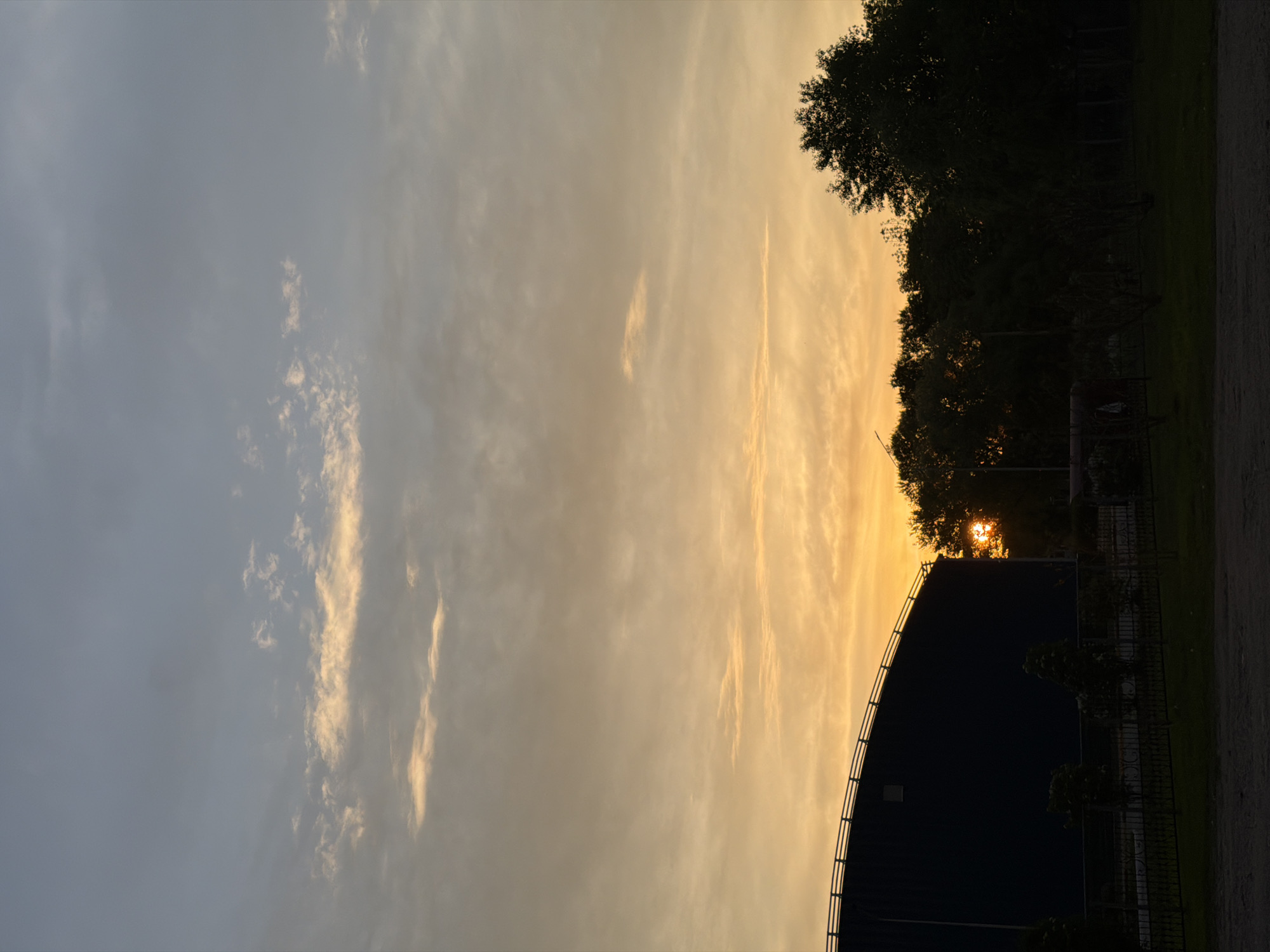 The image shows a sunset sky with clouds transitioning from gray to orange. In the foreground, there's a large, dark building with a curved roofline. A fence runs along the building's base. Behind the building are trees, with the sun visible between the branches. The location is suggested to be Birobidzhan, Russia, but there's no direct evidence of the location in the image itself.