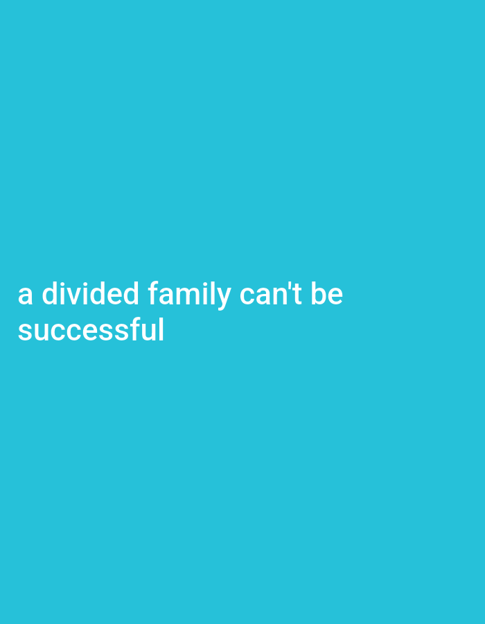 A cyan background is overlaid with white text that reads "a divided family can't be successful". The text is positioned in the lower left quadrant of the image.