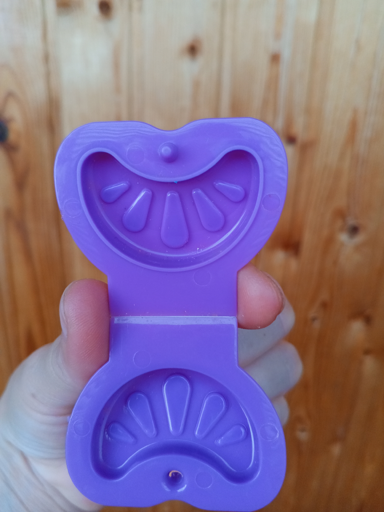 A person is holding a purple plastic toy mold that has two indentations resembling orange slices. The background is a wooden wall. This image was taken in Chistopol, Russia.