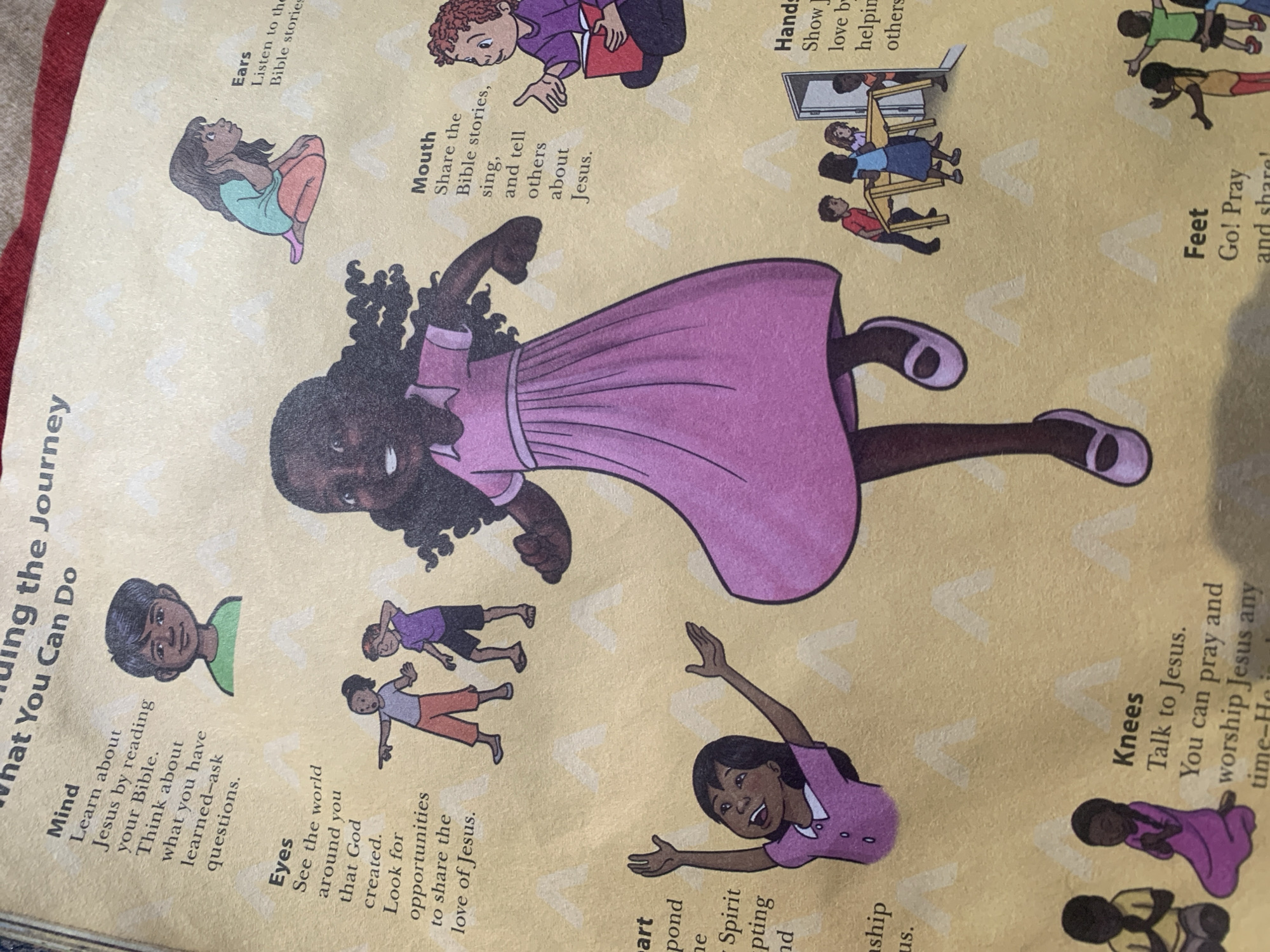 The image is a page from a children's book, featuring a large illustration of a Black girl in a pink dress in the center. The illustration is surrounded by smaller drawings of children and text boxes describing different parts of the body and their connection to faith. The text boxes detail "Mind," "Eyes," "Heart," "Ears," "Mouth," "Hands," "Knees," and "Feet," with corresponding advice or actions related to Jesus and Christian practice. For example, the "Mind" section encourages learning about Jesus from the Bible, the "Eyes" section suggests seeing the world God created and looking for opportunities to share love, and the "Knees" section advises talking to Jesus through prayer and worship. The smaller illustrations depict children reading, listening, praying, and helping. The overall theme appears to be about how a child can engage with their faith. The image does not contain any elements that suggest a specific location in Jauro Yinu, Nigeria, or any other geographical setting.