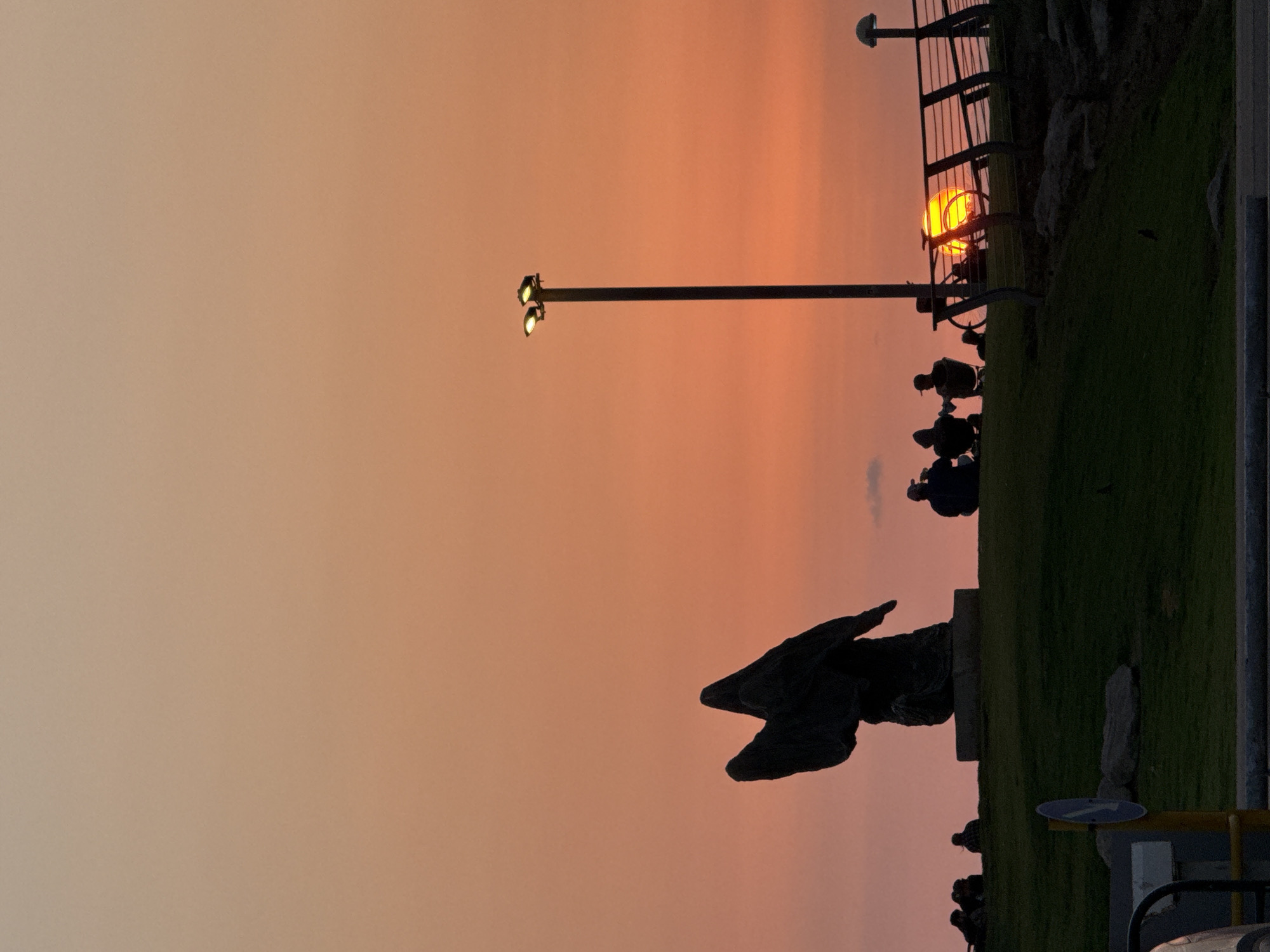 The image portrays a peaceful sunset scene at a promenade or park, likely in Tel-Aviv, Israel. The sky, bathed in soft, warm hues, transitions from a light beige and peach in the upper left to a more intense orange and pink closer to the horizon on the right.
The most prominent feature is the setting sun, a brilliant golden disk positioned on the right side of the frame. It is partially obscured by the dark silhouette of a metal railing or fence, which runs horizontally across the right mid-ground. Several people are visible in silhouette along this railing and seated on the grassy area below, seemingly observing the sunset or enjoying the evening atmosphere.
In the mid-ground on the left, a tall, dark light pole stands upright, featuring two illuminated lamps that emit a warm, yellow glow. Below and slightly to its right, a large, dark, sculptural object rests on a patch of green grass, its form indistinct due to the low light but suggesting a stylized or abstract shape. The grass covers the lower right portion of the image, dotted with a few rocks. A blue circular road sign with a white arrow is partially visible in the lower right foreground. No discernible text is visible in the image. The overall impression is one of calm and relaxation at dusk.