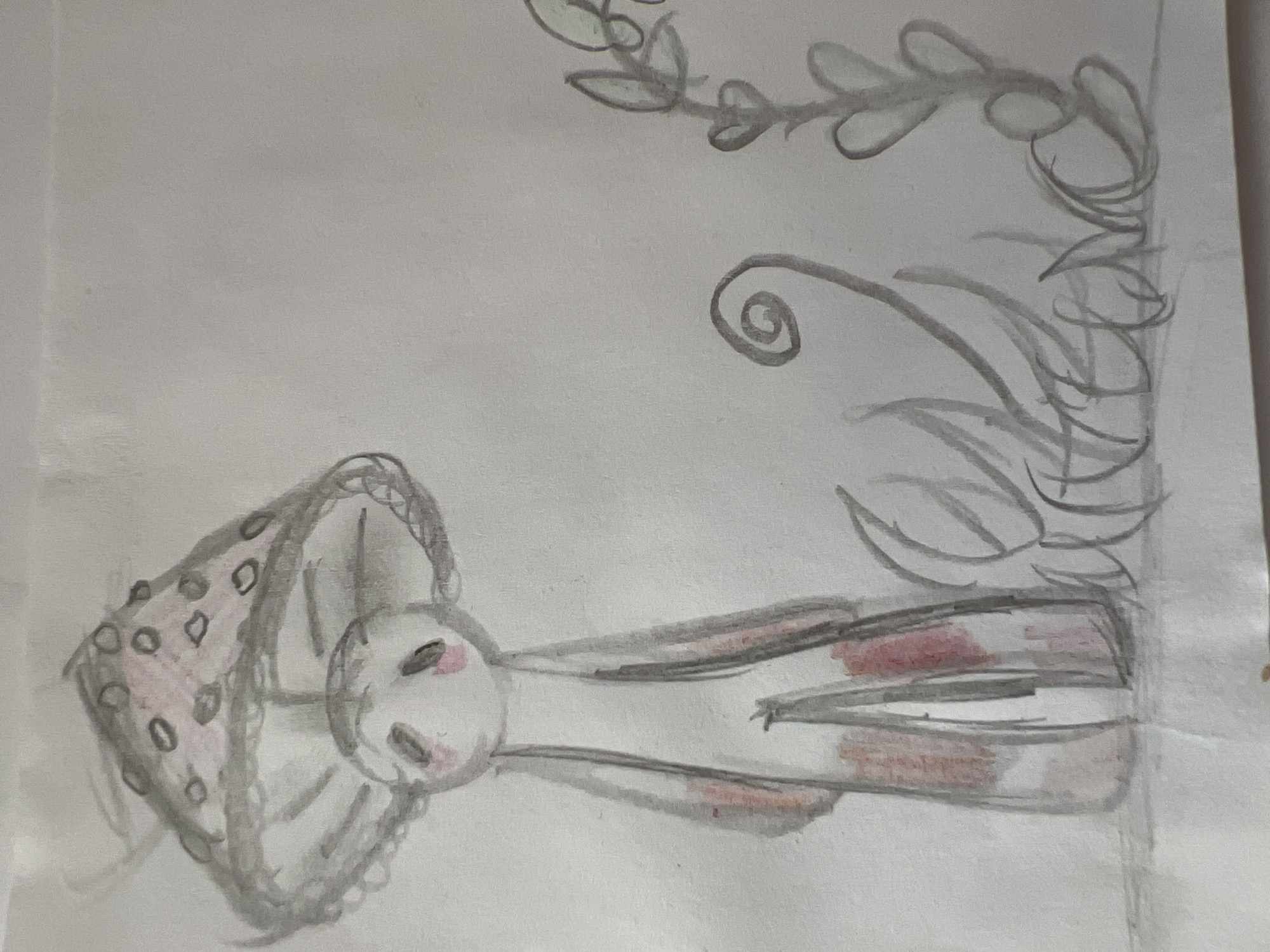 This is a pencil and watercolor drawing on paper. The central subject is a stylized, anthropomorphic rabbit character wearing a patterned outfit. The rabbit is lying on its back, with its head turned to the side. It has large eyes with dark pupils and pinkish blush marks on its cheeks. Its body and limbs are depicted in a simplified, elongated style, with patches of pink watercolor applied to its legs.
The rabbit is situated next to a woven object, possibly a basket or a hat, which is decorated with pink spots. Above and to the right of the rabbit, there are abstract, decorative elements drawn in pencil, resembling swirling vines or tendrils and leaf-like shapes. These elements suggest a decorative or naturalistic setting, but lack specific detail.
The overall style of the drawing is whimsical and childlike. The use of watercolor is light and somewhat translucent, adding soft color to the predominantly pencil sketch. There is no visible text in the image. The drawing is oriented sideways in the frame. Given the location context of Minsk, Belarus, the drawing doesn't contain any explicit visual cues to indicate this specific location.