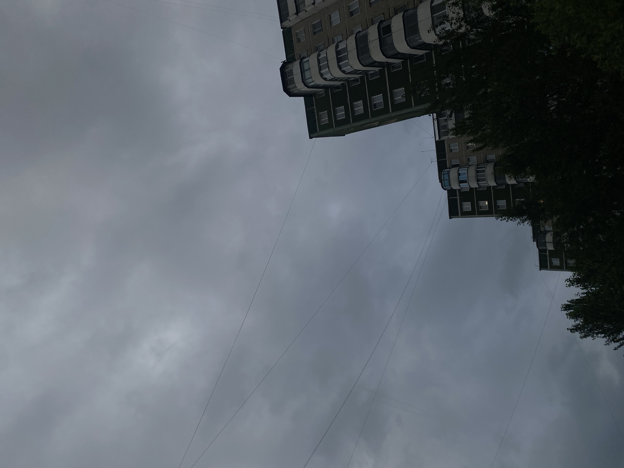 The image depicts a view looking up at apartment buildings on a cloudy day, with several utility wires stretched across the frame. The buildings are multi-story structures, appearing somewhat dated, with green and grey facades and multiple windows, some of which are balconies with glass enclosures. Trees are visible in the foreground, partially obscuring the lower sections of the buildings. The sky is overcast with a uniform grey cloud cover. The scene is set in a typical urban residential area. The image provides no information about the specific location within the city of Perm, Russia, nor does it show any people or specific actions.