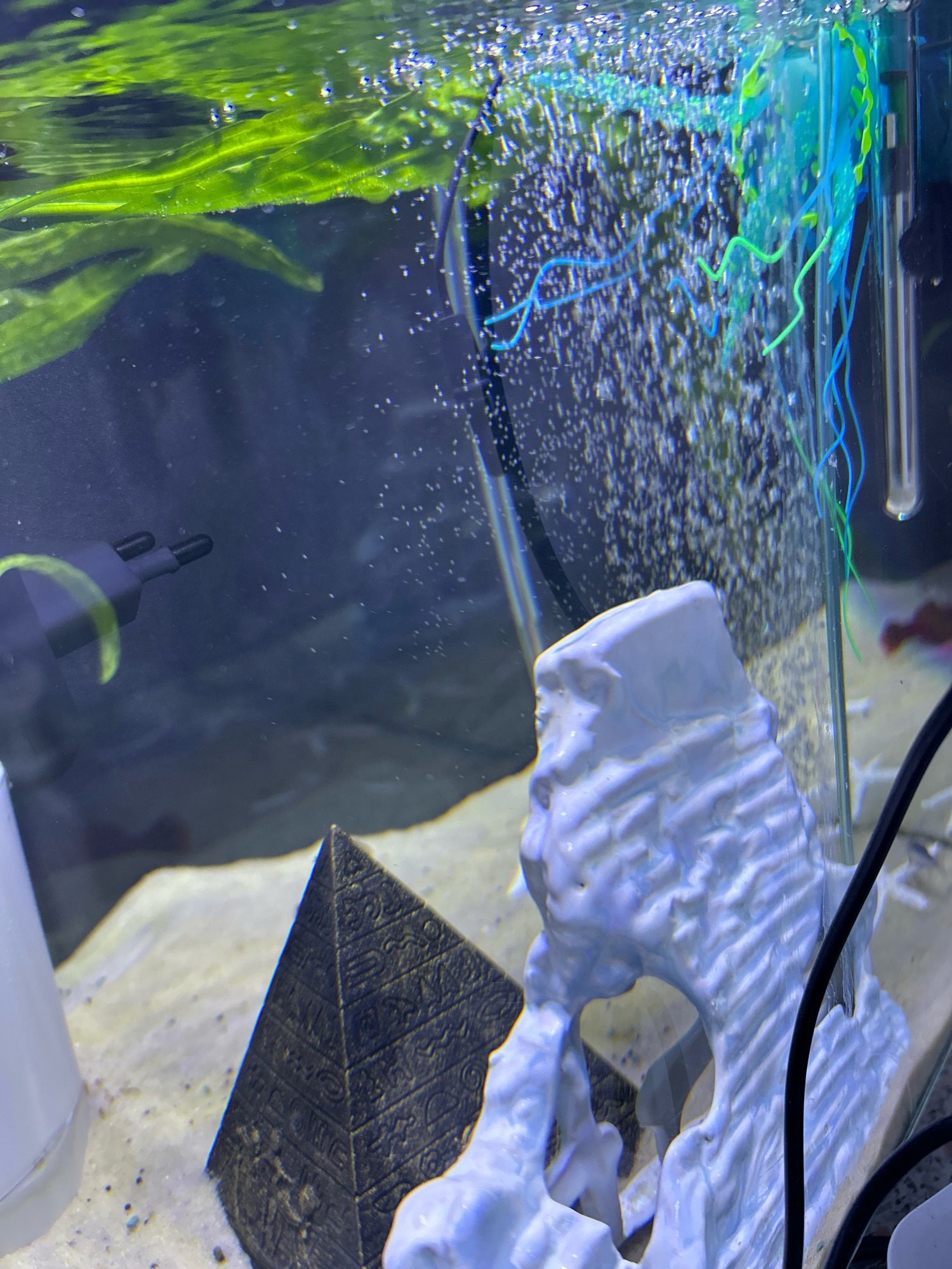 This is a close-up, underwater shot of an aquarium. Dominating the foreground is a white, artificial rock formation with an open archway. To the left of the rock formation is a dark, pyramid-shaped ornament with hieroglyphic carvings. The substrate of the aquarium is sand. Bubbles rise to the surface from an unseen aeration system, creating a shimmering effect. Green aquatic plants are visible towards the top left of the image, with bright blue and green artificial fronds extending from the upper right. A black cord runs along the right side of the frame. The scene appears to be indoors. There is no information available to determine the location in the city of Grozny, Russia.