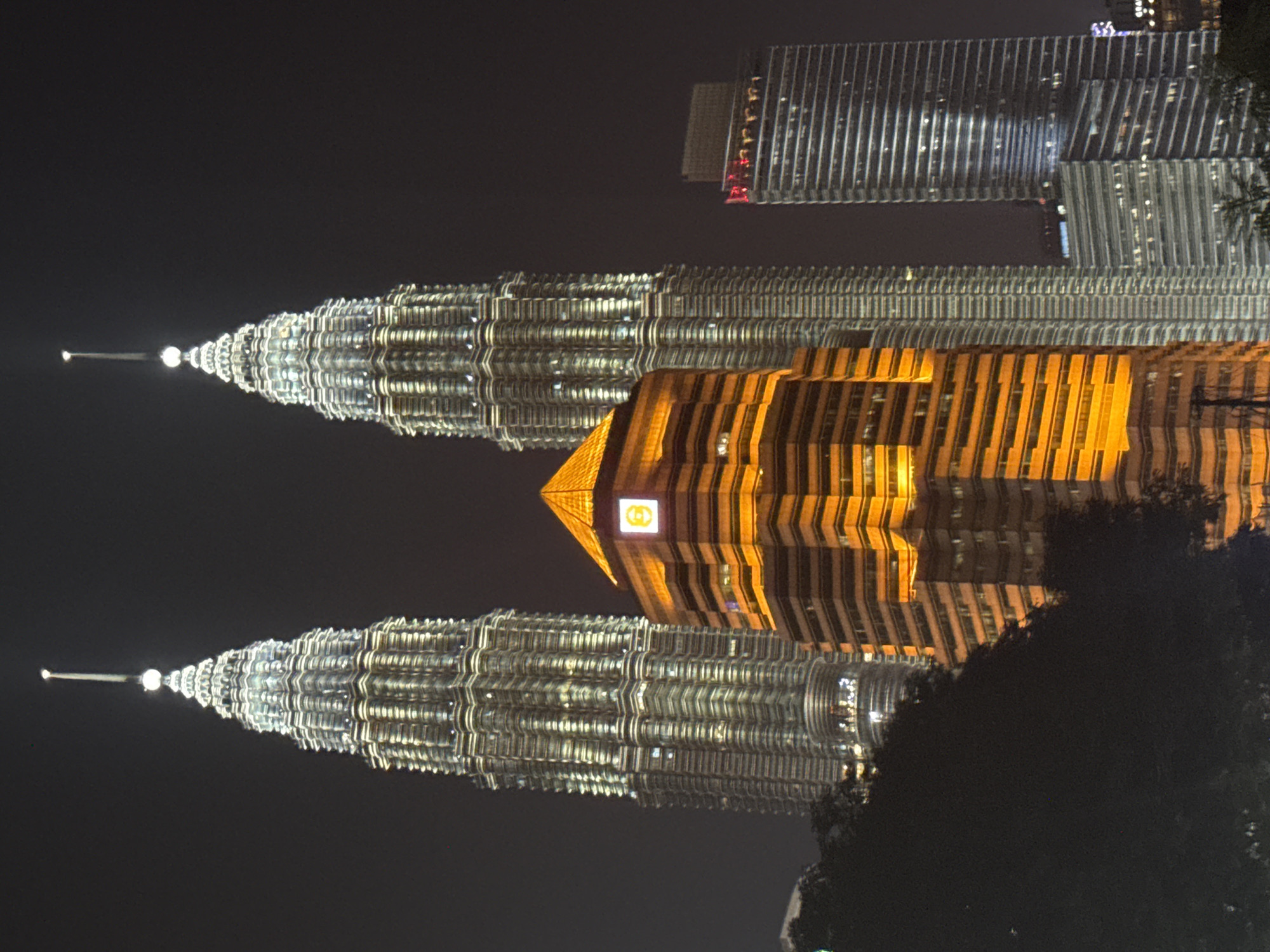 The image depicts the illuminated Petronas Twin Towers and the Menara Tower at night in Kuala Lumpur, Malaysia. The towers are densely packed with windows, each lit up, creating a visually complex facade. The towers are adjacent to each other and are the main focus of the image. The lighting suggests a nighttime setting, with dark sky in the background. The photograph appears to be taken from ground level, as there is some foliage in the foreground, adding depth to the scene.