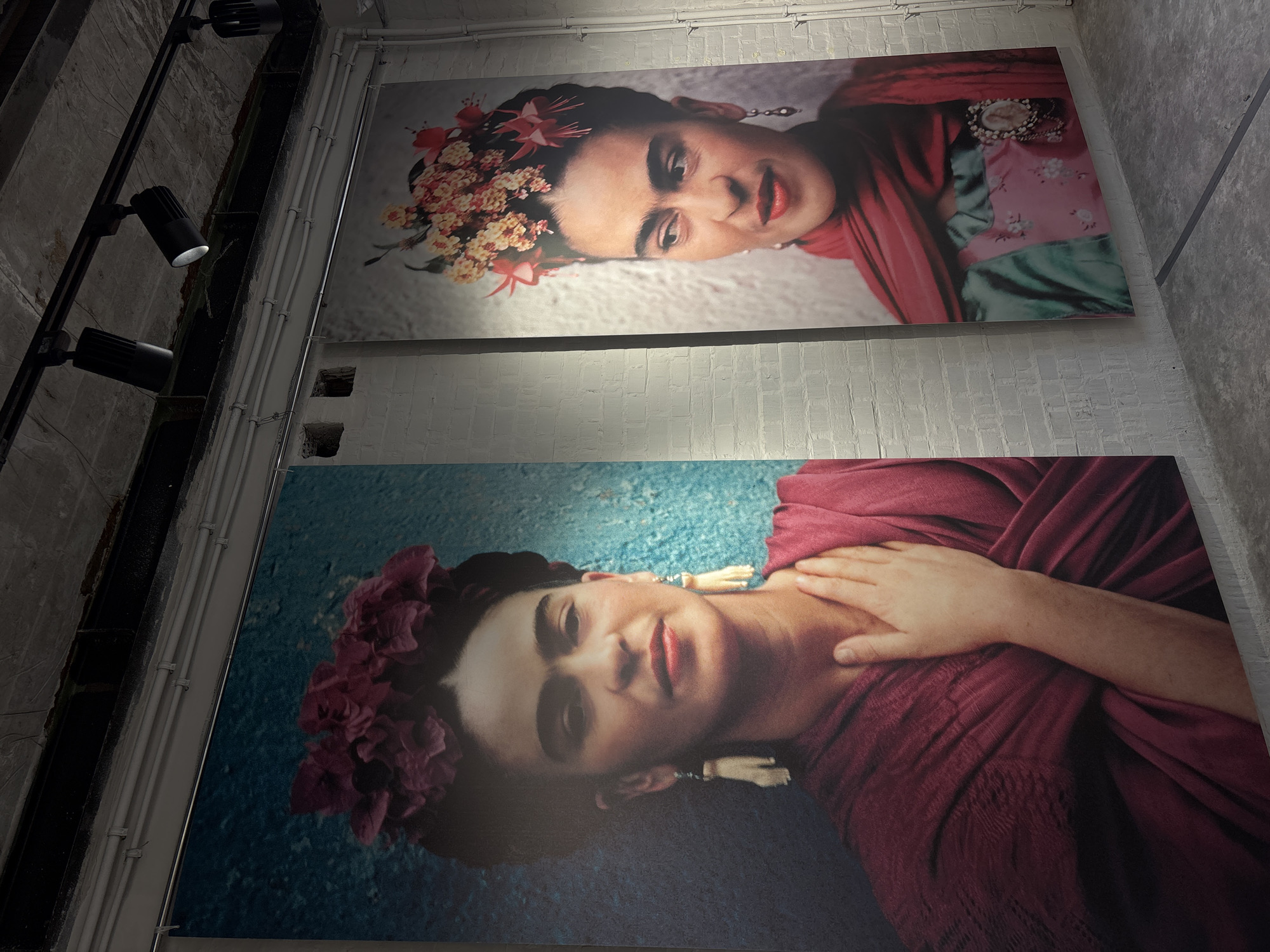 The image shows two portraits of Frida Kahlo hanging on a white brick wall, likely in an art gallery or museum. The top portrait depicts Kahlo with flowers in her hair, wearing a red shawl and a brooch. The lower portrait shows Kahlo with a floral headdress and a hand resting on her chest.
A track lighting system is visible along the top left of the frame, indicating the portraits are specifically illuminated. The style of brickwork suggests a potentially repurposed industrial space.
The city and country are not visually identifiable in the image. The specific location within Krasnoyarsk, Russia, cannot be determined from this image alone.