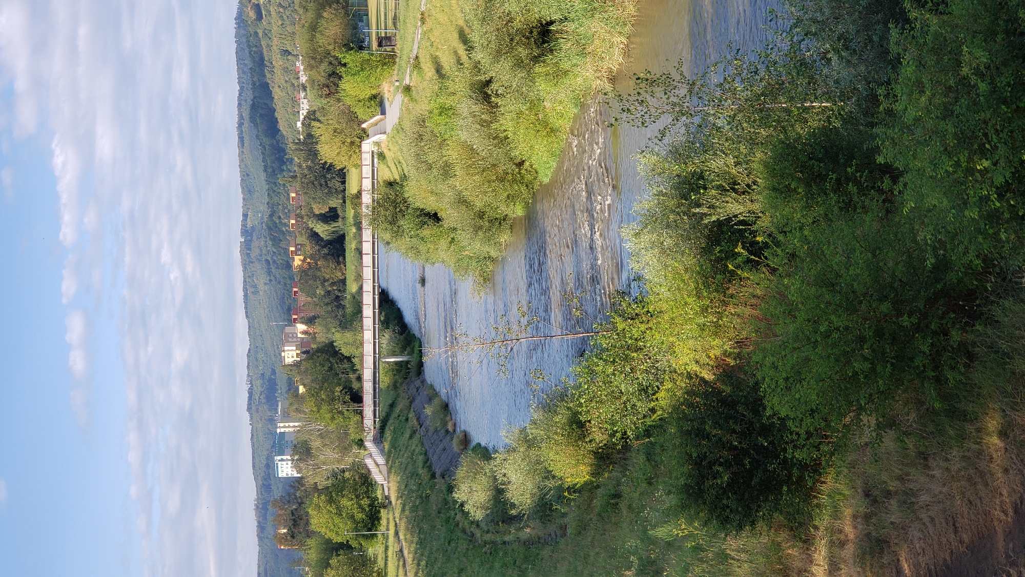 The image shows a view of the Torysa River in Prešov, Slovakia, with a pedestrian bridge spanning the river. The river is flowing and has a slightly brown tint. Dense green vegetation lines both banks of the river, with tall trees and bushes. In the background, there are apartment buildings and a hilly, forested landscape under a partly cloudy blue sky. The scene appears to be a park or recreational area, with a paved walkway visible on the right bank. No people are visible in the image.