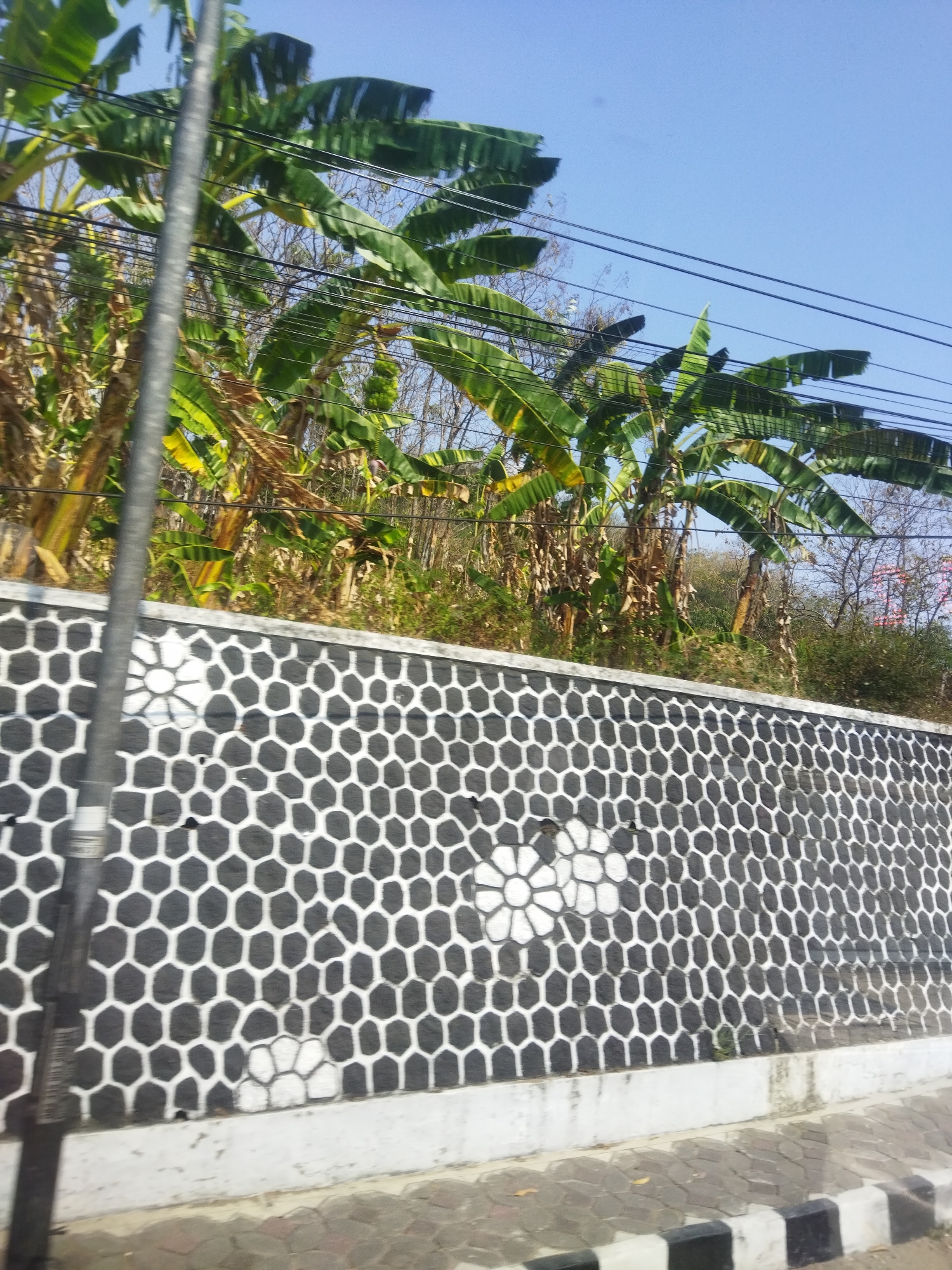 The image shows a stone wall with a honeycomb pattern of black and white hexagons. The wall is decorated with a white floral motif. Behind the wall, there are banana trees with large green leaves and some dried vegetation. Power lines are visible against a clear blue sky. The scene appears to be from a roadside location in the city of Wonogiri, Indonesia. A utility pole is partially visible on the left side of the image. The ground in front of the wall is paved with interlocking concrete blocks and has black and white border stones.