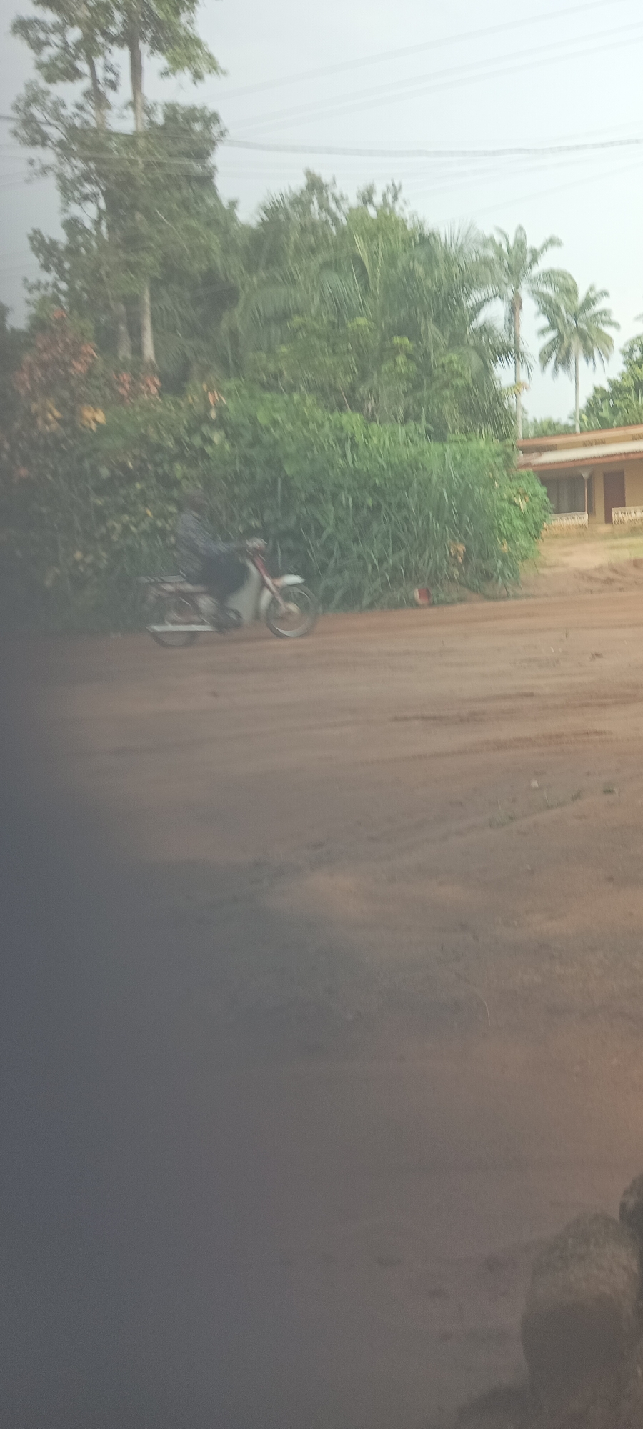 The image shows a rural scene in Amauzu, Nigeria. A person is riding a moped on a dirt road, passing by a thick hedge of green plants. Behind the hedge is a single-story building with a light-colored facade and a dark roof, with palm trees visible in the background. The foreground is dominated by the dirt road, with some rock-like formations on the right edge. The sky is overcast.