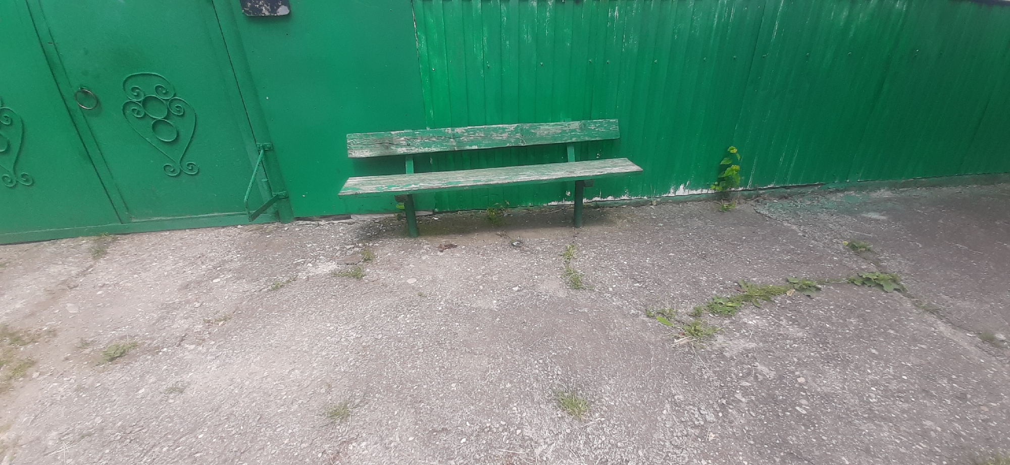 The image depicts an outdoor scene in Yessentukskaya, Russia, featuring a weathered green metal gate on the left and a matching green wooden slat fence extending to the right. A green wooden bench with a worn appearance is positioned in front of the fence. The ground in front of the fence and bench is composed of rough concrete and gravel, with some patches of sparse vegetation. A small plant is growing near the base of the fence to the right of the bench. The overall environment appears to be an urban or suburban outdoor space, possibly a yard or alleyway.