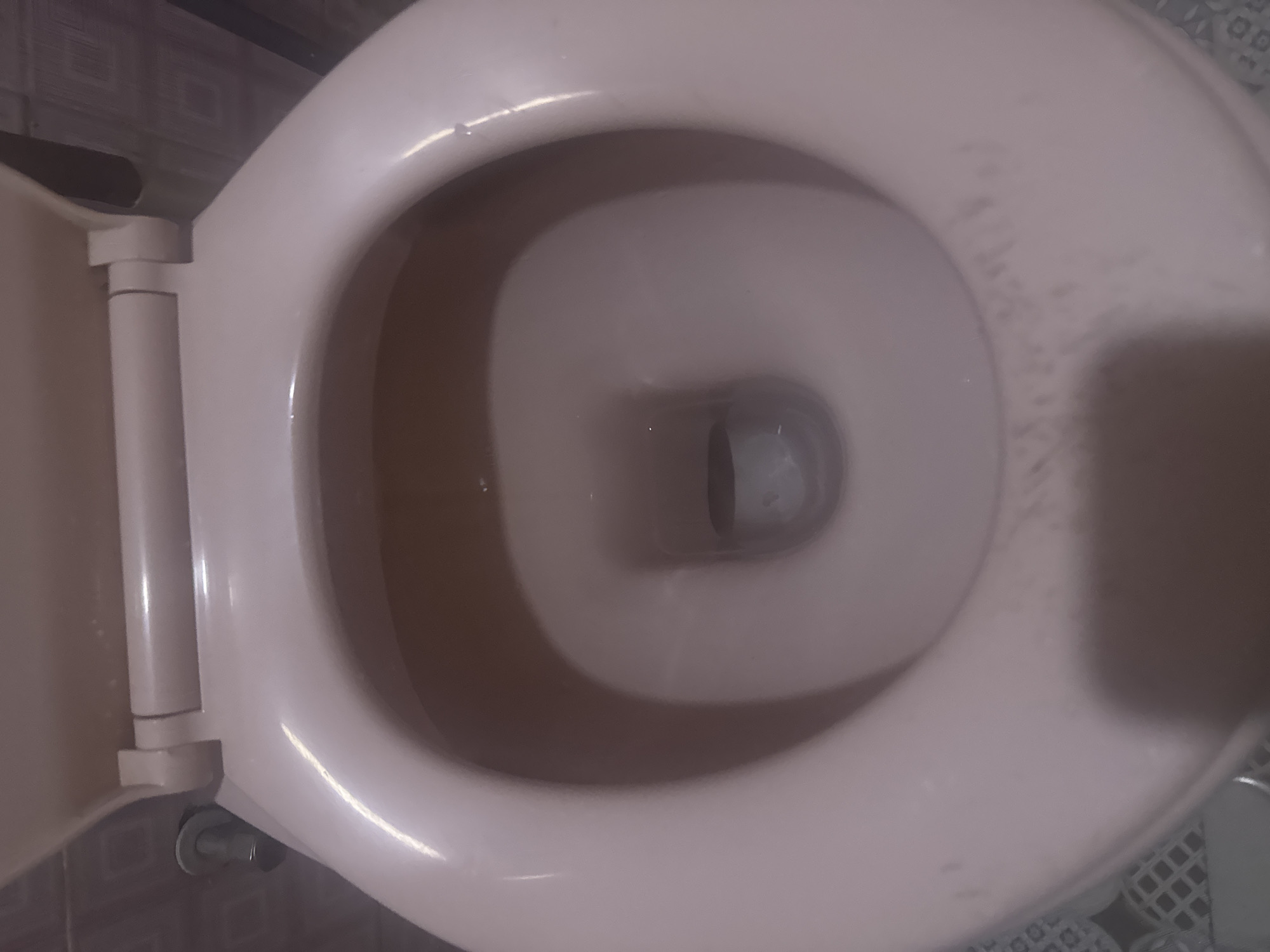 An overhead, close-up shot of a pale pink toilet bowl shows some water in the bottom and some water stains on the rim. The lid of the toilet is partially open, revealing the inner rim. The background shows a portion of a tiled wall. The scene appears to be a domestic bathroom in Abuja, Nigeria. There are no people or actions depicted in the image.