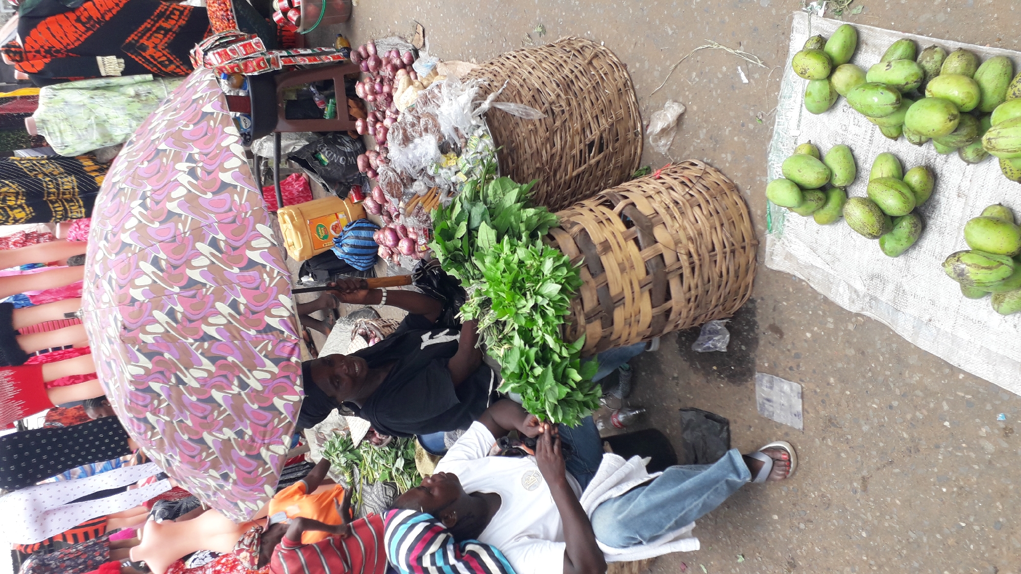 The image shows an outdoor marketplace scene in Onitsha, Nigeria. Two men sit on the ground, with goods for sale surrounding them. One man wears a black shirt and the other a white shirt and jeans. Merchandise includes onions, leafy greens, mangoes laid out on a white cloth, and woven baskets. An umbrella with a patterned design provides shade. Mannequins draped in clothing are visible on the left side.