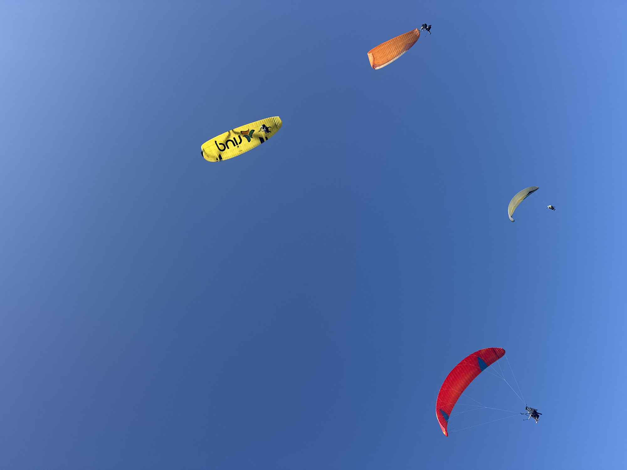 The image captures a bright, clear blue sky above Kuta Selatan, Indonesia, filled with four paragliders. In the foreground, on the left, a red paraglider with blue triangular accents is soaring, with a person in a harness attached. To the right of the red paraglider, a small, light gray paraglider is visible, also with a person suspended below. Further up and to the right, an orange paraglider is in the air, with a person attached. The most distant paraglider, located in the upper right quadrant of the image, is yellow with black lettering that reads "BNG," and also has a person in a harness. The paragliders are spread out across the sky, suggesting individual flights or a group activity. The bright sunlight indicates it is daytime.