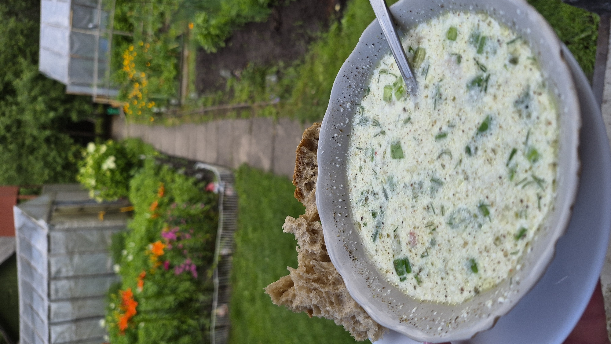 A bowl of cold soup, possibly okroshka, is held in the foreground, with a slice of rustic bread resting on the rim. The soup is a creamy white base with visible chopped green herbs, and possibly small diced vegetables or meat. A spoon is partially submerged in the soup. The background depicts a lush garden with a pathway leading towards two greenhouses. Flower beds with vibrant orange and pink flowers are visible along the left side of the path, while the right side shows more cultivated garden plots. The scene suggests a peaceful, rural setting, likely in the city of Ļūbaste 0001, Latvia, during the daytime in a season where gardens are in bloom.