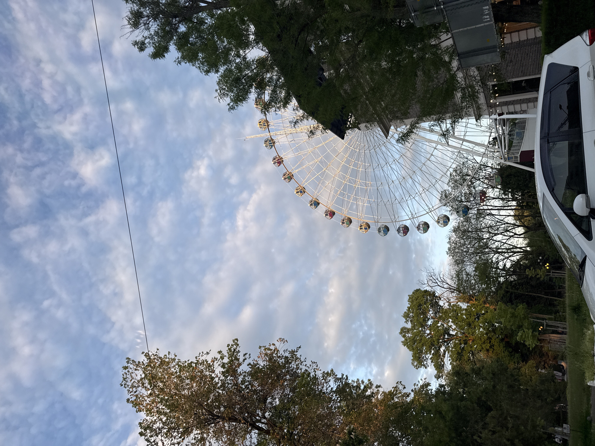 The image shows a Ferris wheel partly obscured by trees and a white vehicle on the right side. The sky is cloudy with shades of blue. A powerline crosses the upper left portion of the sky. The location is Unknown, Unknown.