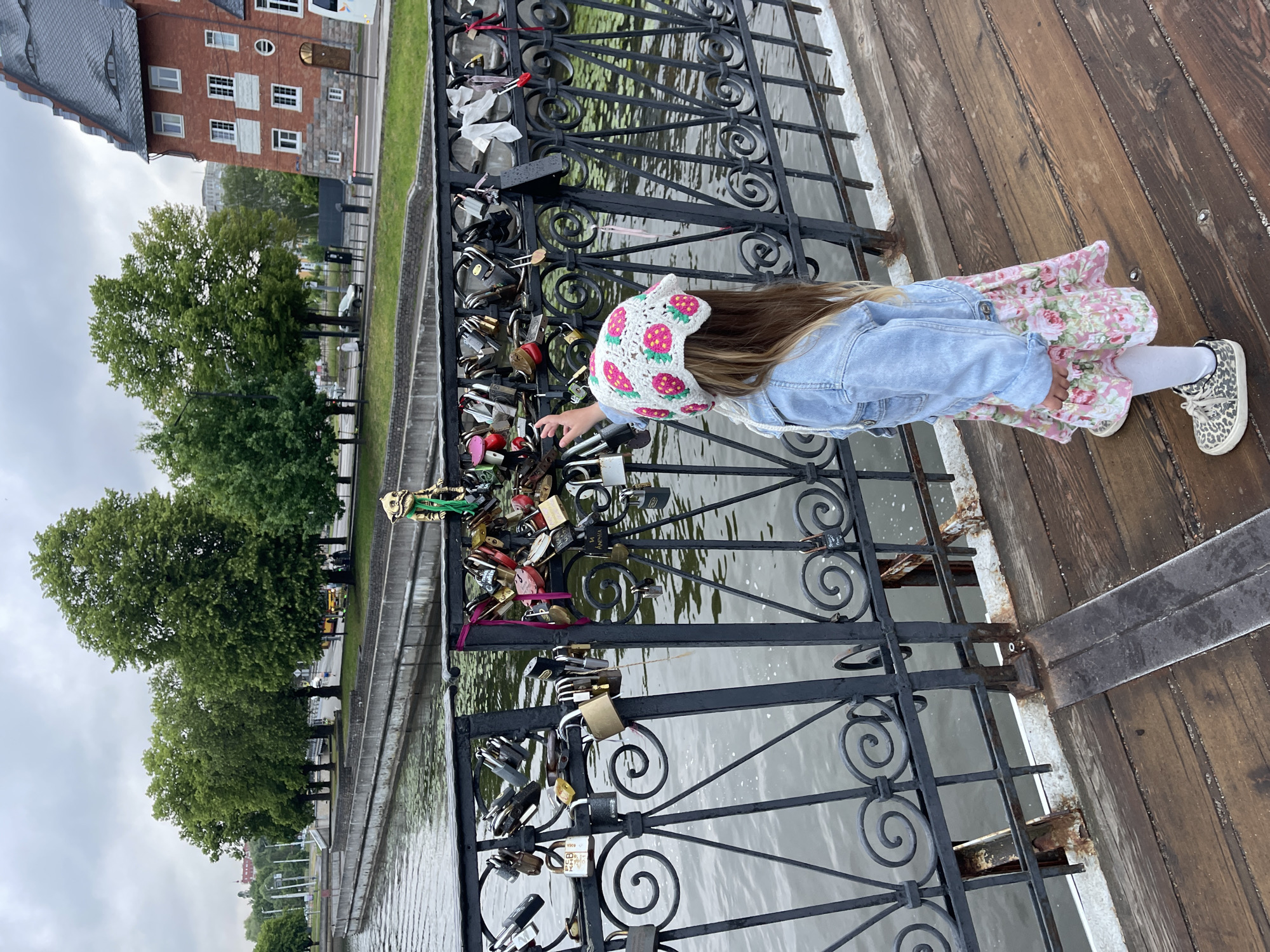 The image captures a young child standing on a wooden pedestrian bridge, viewed from a slightly elevated angle behind the child, in Kaliningrad, Russia. The child is wearing a light blue denim jacket, a pink and white floral dress, white tights, and leopard-print sneakers. A distinctive white crocheted hat with red strawberry motifs and green leaves covers the child's head. The child's right arm is extended towards the bridge's black metal railing. This railing is heavily adorned with numerous padlocks, commonly known as "love locks," of various sizes, colors, and materials, with some having attached ribbons. Perched on the top rail to the right of the child is a small golden figurine, resembling a gnome or dwarf, with a prominent green sash.
Beneath the bridge, a body of water, likely a river or canal, flows, exhibiting ripples and some surface reflections. The far bank features a concrete embankment, beyond which a row of mature green deciduous trees lines a paved road. Faint glimpses of traffic and pedestrians are visible on the road. To the far right of the image, a prominent red brick building with multiple white-framed windows and a steep, dark grey roof featuring distinctive dormer windows stands tall. The sky overhead is overcast. Given the specific architectural style of the building, the presence of love locks, and the identifiable Homlin figurine, the location is confirmed as a bridge in Kaliningrad, most likely the Honey Bridge (Медовый мост) or within the surrounding area of Рыбная деревня (Fish Village).