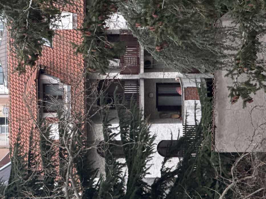 A multi-story building with a red-tiled roof and white balconies is partially obscured by trees and branches. The balconies feature metal railings and dark windows. Some appear to have open slats. A mix of evergreen and bare trees are in the foreground, adding depth and obscuring the building's details. The structure appears to have a mix of brick and concrete elements.