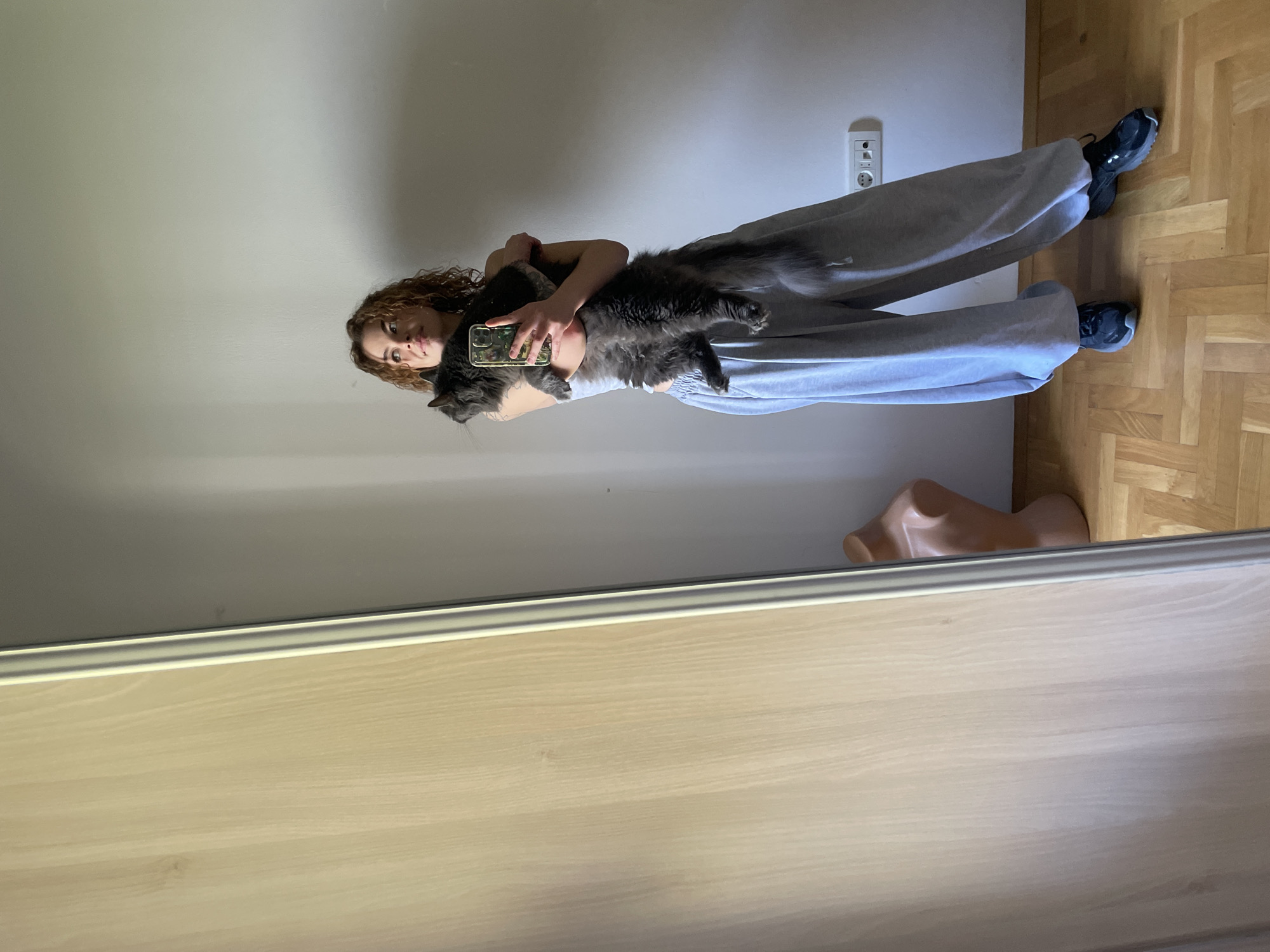 A mirrored reflection reveals a young, light-skinned woman with curly brown hair, holding a long-haired gray cat in her arms. The woman is taking a selfie with her smartphone. She is wearing a light-colored crop top and loose-fitting gray pants with dark sneakers. The background behind her is a light gray wall with a European-style electrical outlet. The floor is hardwood. Partially visible in the mirror's reflection is a headless mannequin torso. The scene appears to be indoors, likely in a private residence. The location of the scene is not discernible from the image. No information is available that could relate the scene to the city of Boreti, Montenegro.
