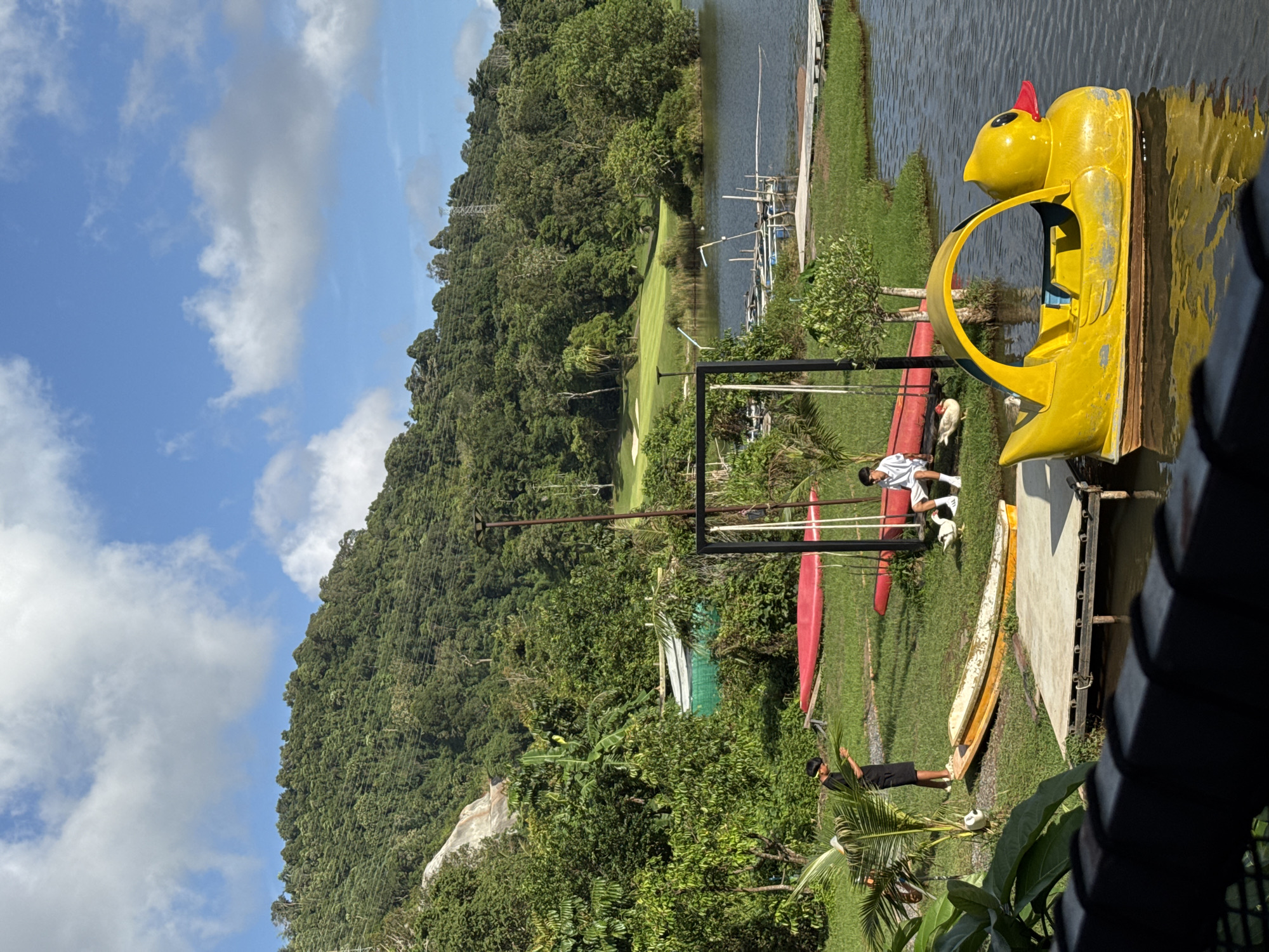 In Kathu, Thailand, a serene scene unfolds by a lake. A bright yellow duck-shaped paddle boat floats near a wooden dock, its playful design contrasting with the natural backdrop. On the grassy shore, two young men are present. One, wearing a black t-shirt and shorts, stands near a palm tree, seemingly examining something in his hand. Another, in a white polo shirt and shorts, sits on a swing set. Red kayaks are also visible on the grass. Lush green hills covered in dense forest rise in the background, with a glimpse of a golf course and power lines also discernible. The sky is a vibrant blue, dotted with fluffy white clouds, suggesting fair weather. The overall atmosphere is one of peaceful recreation in a tropical setting.