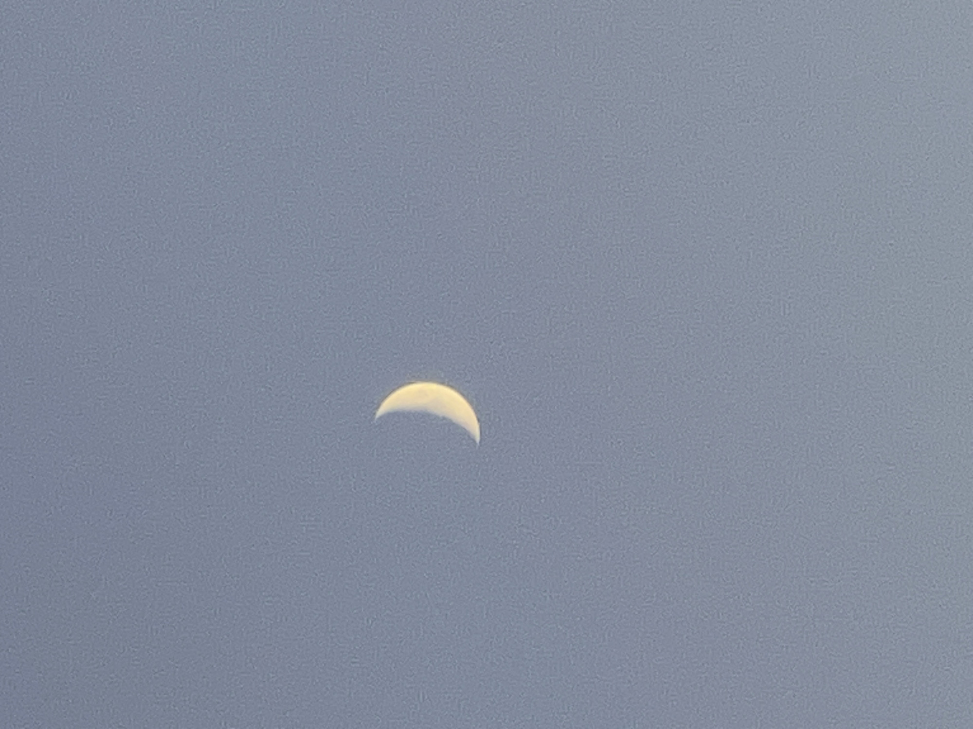 The media file is a photograph of a crescent moon in a pale, overcast sky. The moon is positioned slightly off-center to the left. The sky is a uniform light blue-gray, suggesting a daytime or twilight setting with diffused sunlight. There are no discernible people, objects, or specific location cues within the image itself, beyond the celestial subject. The overall impression is one of serene vastness, with the delicate arc of the moon as the sole point of focus against the muted backdrop. No text is visible. Given the provided location context of Minsk, Belarus, this image captures a celestial phenomenon visible from that region.
