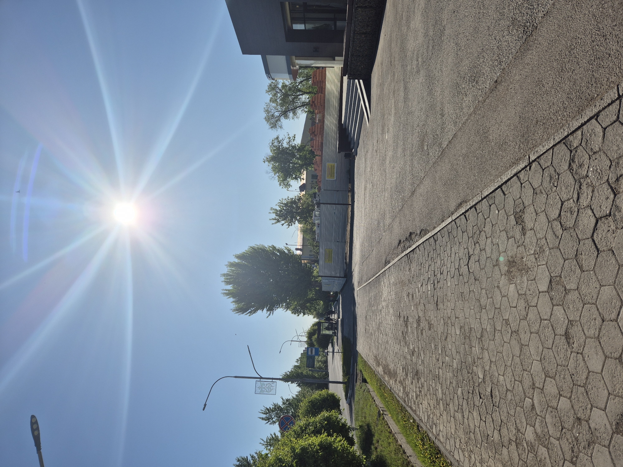 The image shows a sunlit urban scene in Unknown, Unknown. On the right side of the frame is a paved sidewalk with a distinctive hexagonal pattern, bordered by a narrow strip of grass. Adjacent to the sidewalk is an asphalt road. On the left, the sun dominates the sky, with bright rays emanating outwards. Closer to the ground are trees, lampposts, and street signs, suggesting a residential or commercial area. In the background, there's a building with exposed bricks. The angle of the image makes the perspective appear elongated.