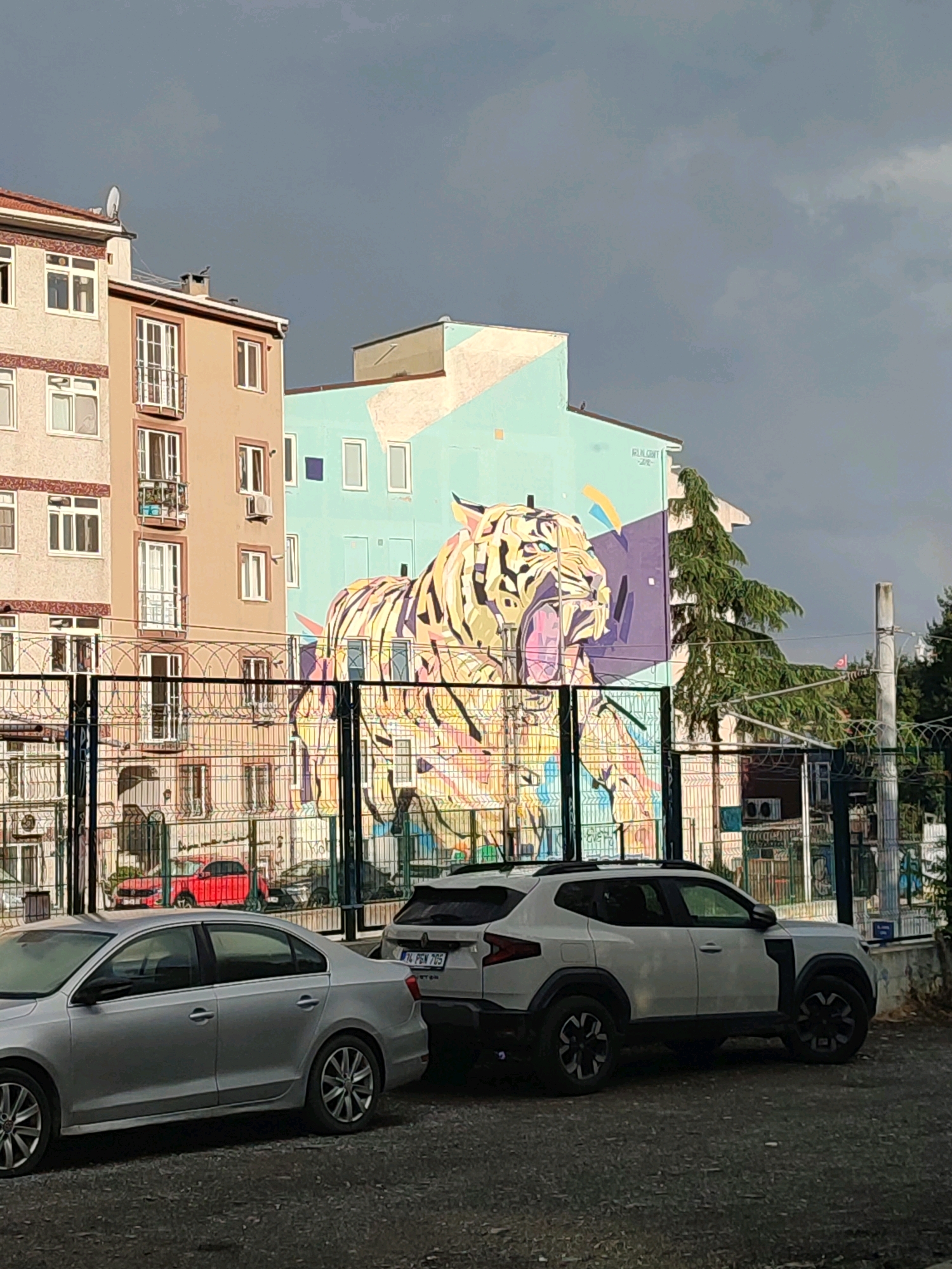 In Kadıköy, Turkey, a vibrant mural of a roaring tiger adorns the side of a light blue building. The tiger, depicted in bold colors and sharp lines, fills a significant portion of the building's facade, its mouth open in a powerful roar. Behind the mural, other buildings with neutral-toned facades are visible, featuring windows and balconies. A chain-link fence runs horizontally across the midground, partially obscuring the lower part of the mural and the buildings behind it. Beyond the fence, two cars are parked: a silver sedan in the foreground and a white SUV to its right. The environment appears to be an urban setting, with a cloudy sky overhead and trees visible in the background. The overall scene captures a striking contrast between urban architecture, dynamic street art, and everyday street life.