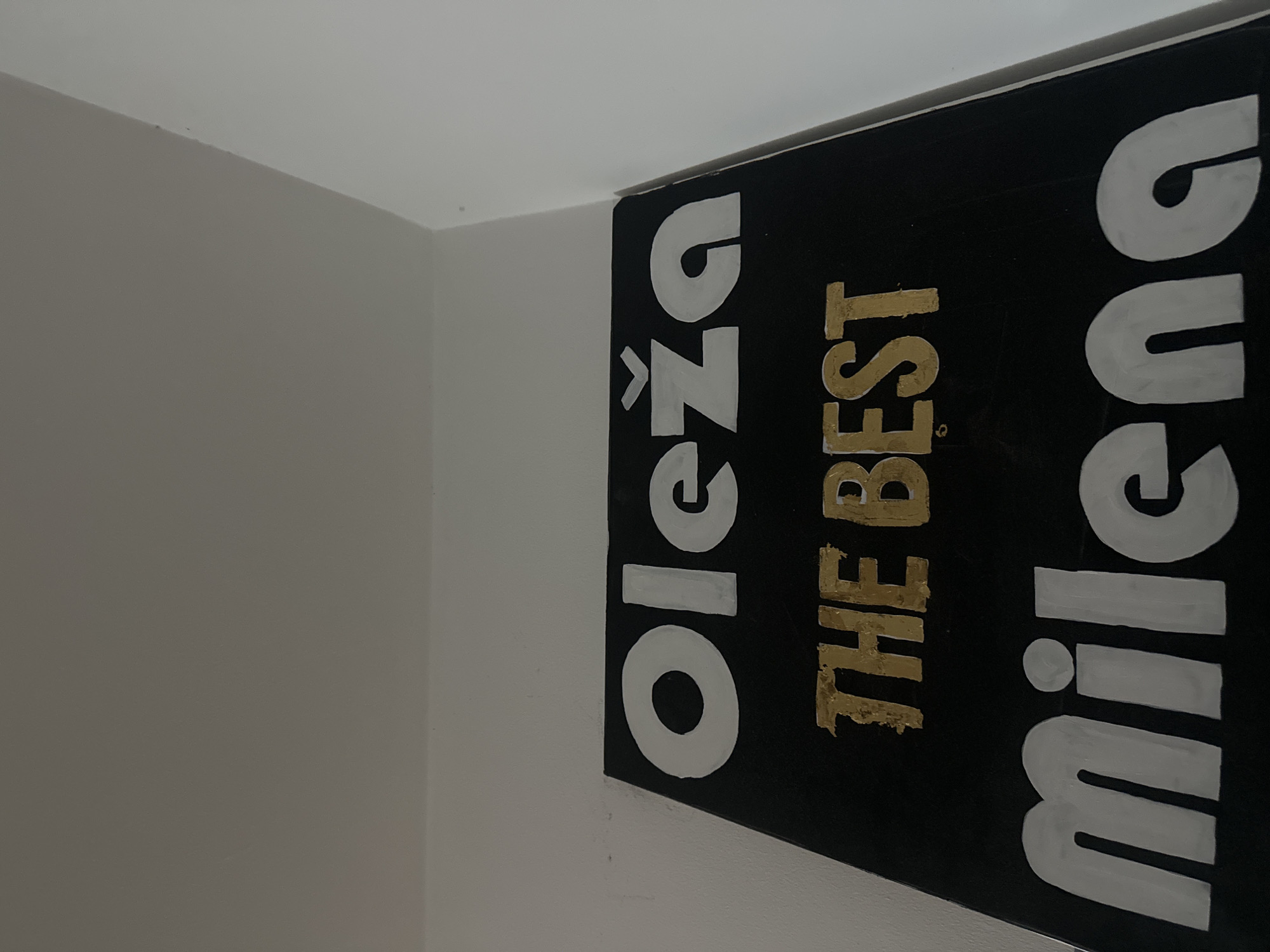 The image displays an indoor setting featuring a white wall and ceiling forming a corner. A rectangular black sign or board is prominently positioned on the wall, angled into this corner.
The black sign features text in two different colors. On the left side, in large white letters, the word "Oleža" is visible, with a caron (háček) over the 'z'. In the center of the sign, the phrase "THE BEST" is written in gold or bronze-colored letters, which appear to have a textured or metallic finish. On the right side of the sign, also in large white letters, the name "Milena" is displayed. The text "Oleža" and "Milena" are oriented vertically, while "THE BEST" is horizontal but aligned with the vertical flow of the other words.
The surrounding walls and ceiling are plain white or a very light gray, suggesting a simple and clean interior space. There are no people or other objects visible in the frame. The photograph is taken from a low, upward-looking angle, emphasizing the corner of the room and the sign. Given the provided location context of Budva, Montenegro, the names "Oleža" and "Milena" are consistent with names found in Slavic languages, and "THE BEST" is in English. The sign appears to be a decorative element or perhaps a personalized piece of art.