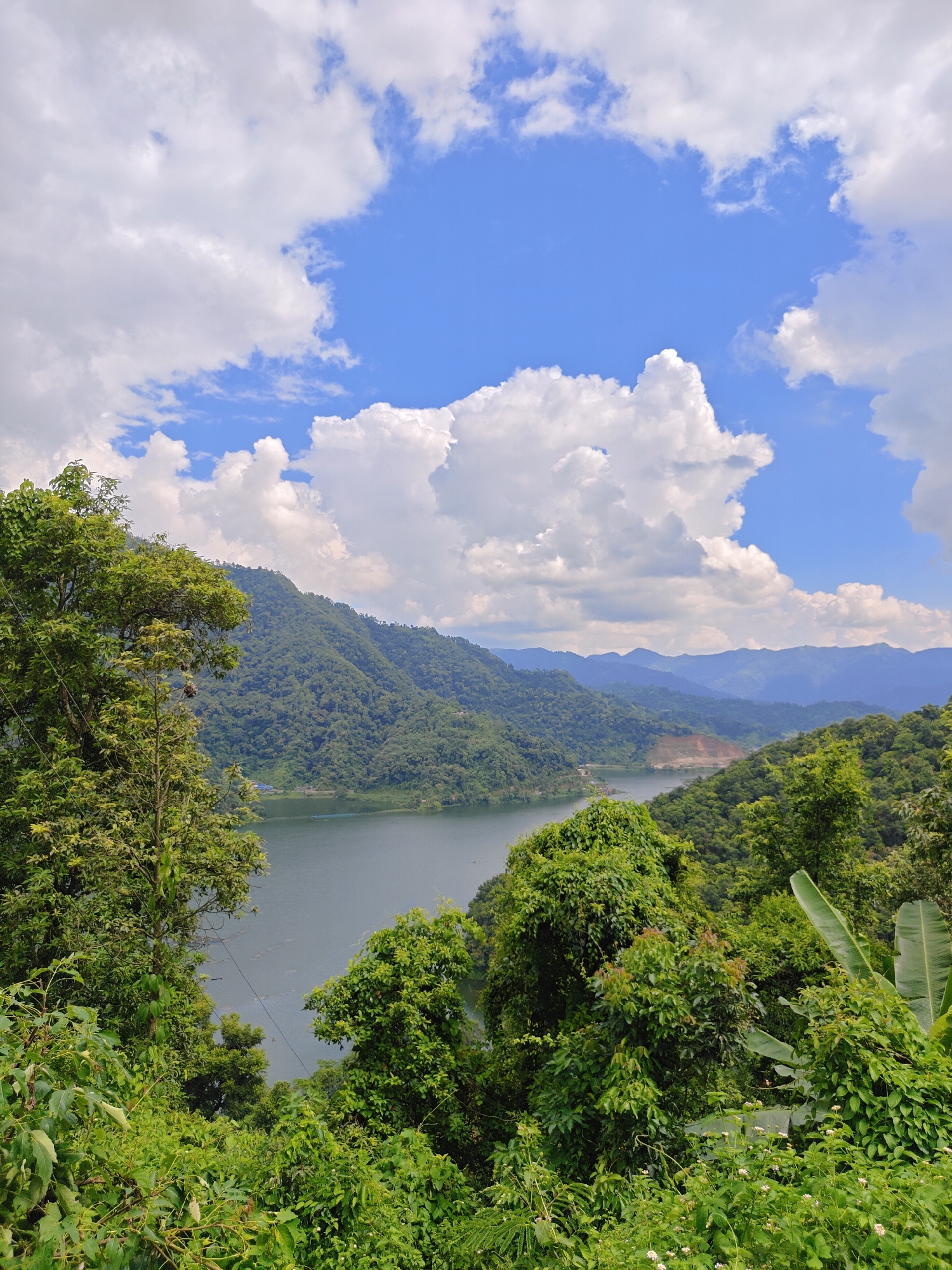 A wide-angle, high-angle shot captures a verdant mountainous landscape overlooking a serene lake. Lush green trees and dense vegetation dominate the foreground, with a few banana leaves visible on the right. The middle ground features a tranquil lake reflecting the blue sky, bordered by rolling, tree-covered hills. In the distance, layered mountains fade into a hazy blue, with a clear sky dotted with fluffy white clouds above. The scene, consistent with the geography of Pokhara, Nepal, depicts a natural environment characterized by hills, a lake, and abundant greenery under a bright, partly cloudy sky. There are no people or animals visible in the image.