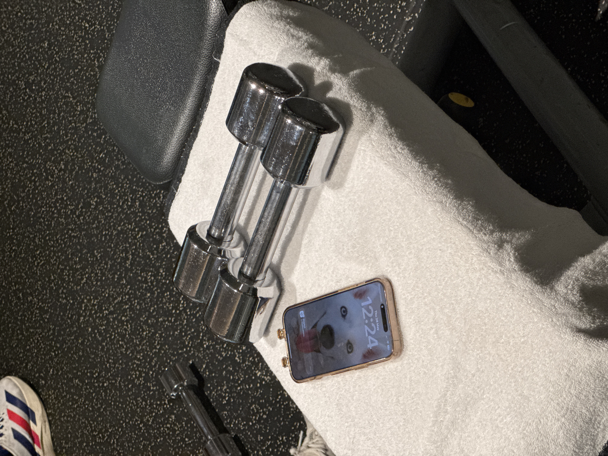 A gym scene is depicted with a pair of chrome dumbbells resting on a white towel. A smartphone, displaying a dog's face as a wallpaper with the time 12:24, sits beside the weights. Part of a black gym bench is visible on the left. The floor has a speckled pattern, and a partial view of a shoe with blue and red stripes appears in the bottom left corner. The location, Kuta Selatan, Indonesia, cannot be determined from the image.