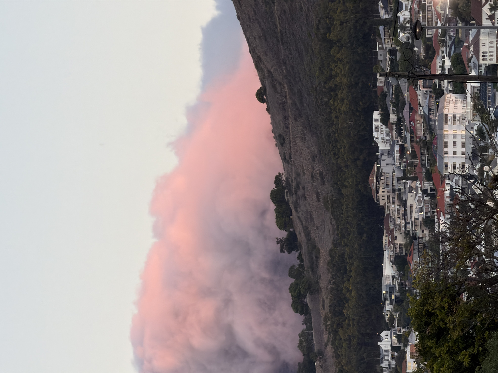 Here's a description of the image:
The image shows a coastal urban landscape, likely in Cape Town, South Africa. A mountainside dominates the scene, bordering a dense suburban area composed of multi-story buildings. A dramatic pink-hued cloud formation, possibly fog or low-lying clouds catching the sunset, engulfs the mountain's base. Power lines and trees frame the buildings.