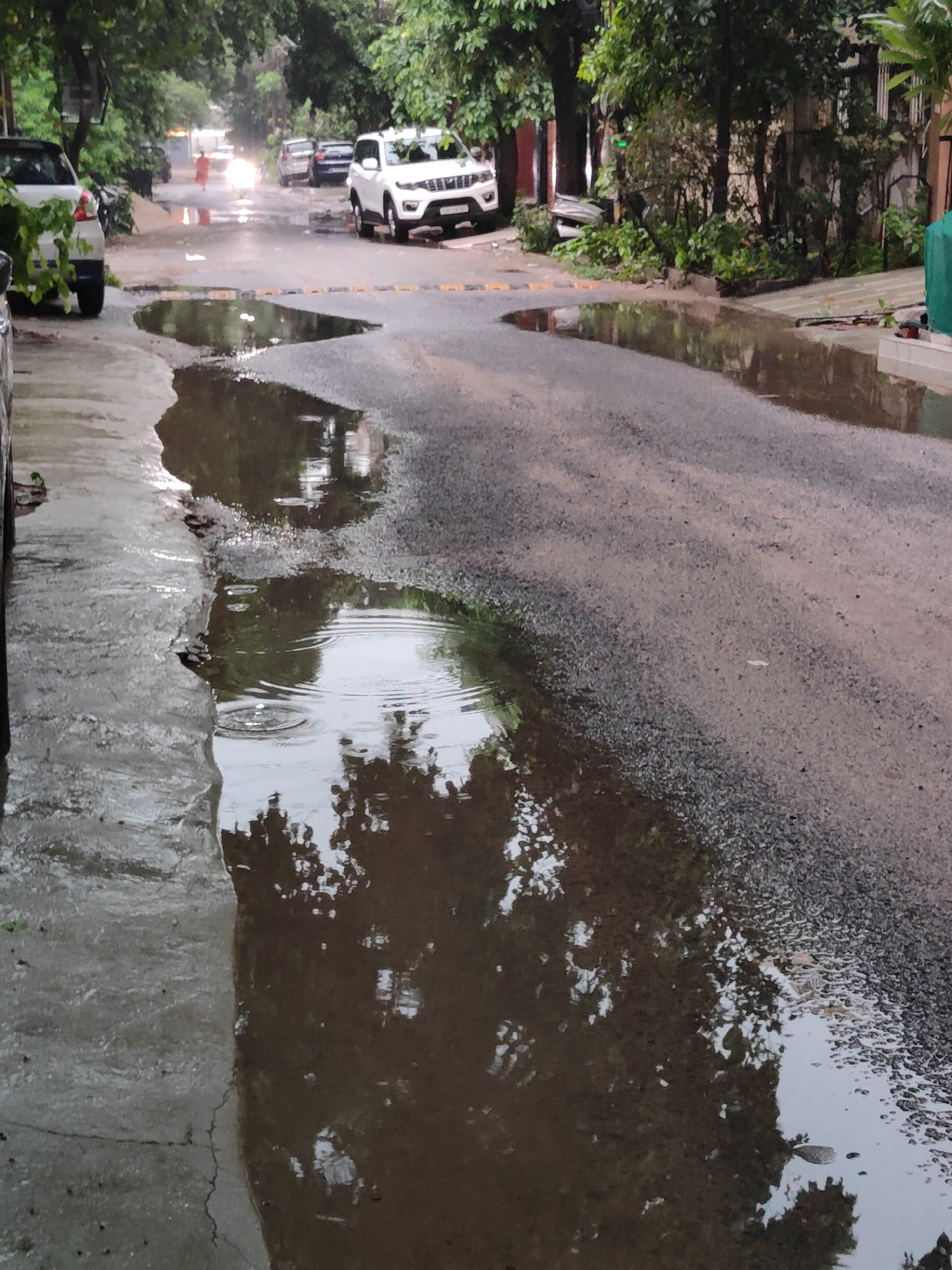 The image depicts a street scene in Gurgaon, India, likely following rainfall, as evidenced by numerous puddles of water on the asphalt road. The road is lined with trees and vegetation, with some buildings visible in the background. Several cars are parked or driving on the road, including a white SUV prominently featured in the foreground on the right. The puddles reflect the surrounding environment, including the trees and the sky. The scene appears to be a residential or commercial area, characterized by its urban setting and the presence of vehicles and infrastructure.