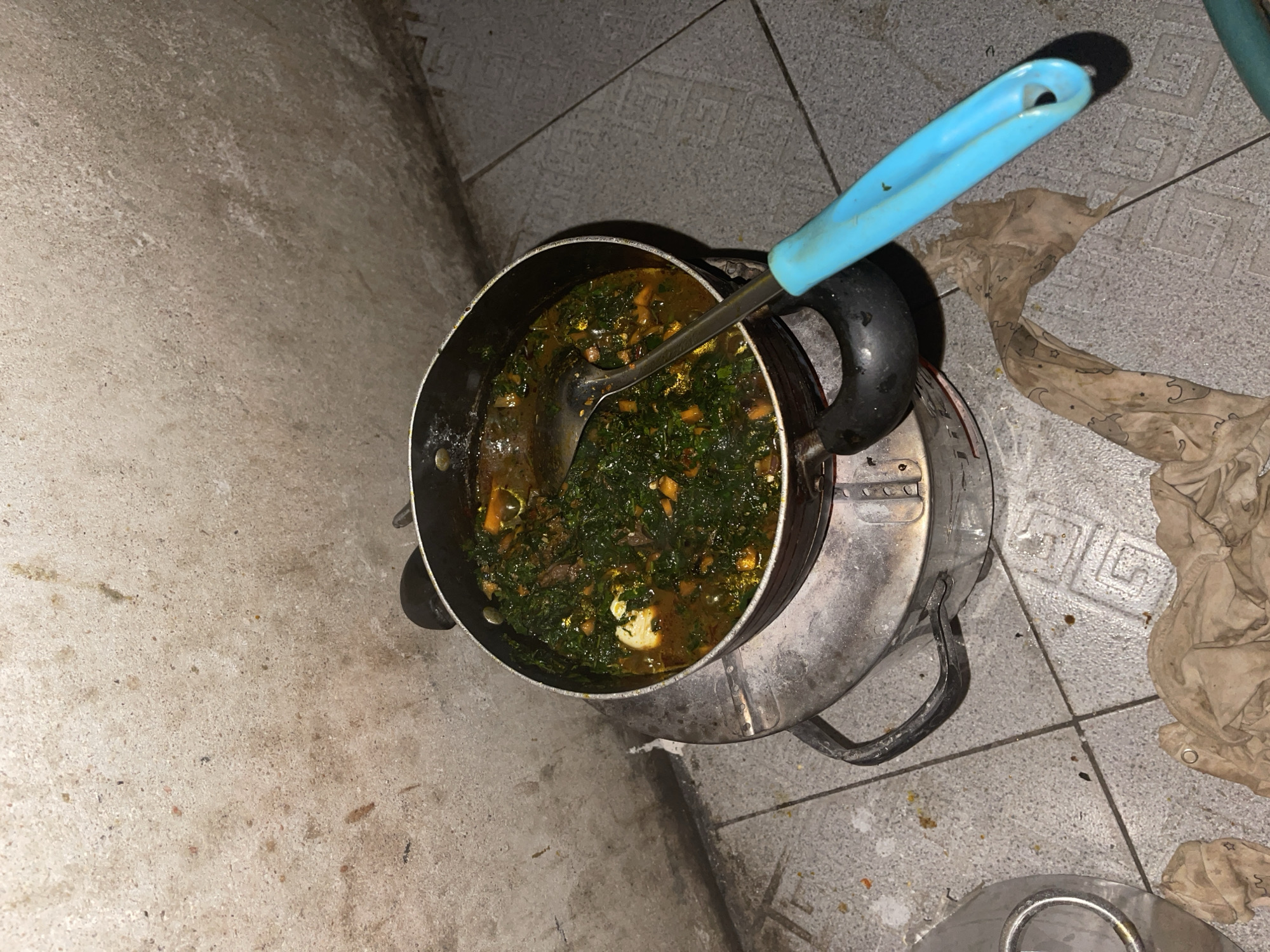 A top-down shot shows a pot of green leafy soup with chunks of food in it, sitting on a stove. A blue-handled spoon is inside the pot. The stove is on a tiled floor, and a dirty cloth is next to it. The wall nearby is concrete. The scene appears to be in a kitchen. There is no evidence to confirm the location in Rido, Nigeria.
