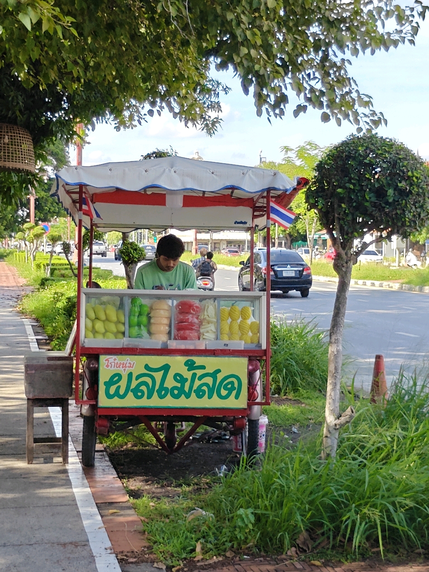 An outdoor scene in Phra Nakhon Si Ayutthaya City Municipality, Thailand, features a fruit cart operated by a young man wearing a light green shirt. The cart, adorned with a Thai flag, displays various fruits including mangoes, limes, and what appear to be preserved fruits. The man is standing behind the cart, interacting with the displayed items. The cart is positioned on the side of a road with vehicular traffic, indicated by cars and a scooter visible in the background. Lush green vegetation surrounds the cart and the roadway, with trees providing shade. The ground consists of a paved walkway and a dirt path with grass. The image captures a slice of daily life in the city, highlighting a local vendor and the surrounding environment.