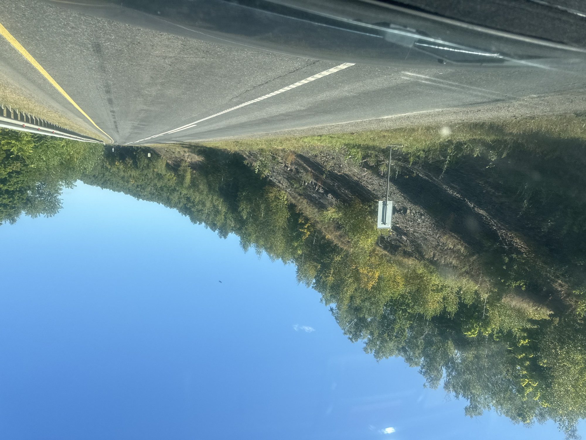 A frontal view from a vehicle's perspective shows a paved two-lane road winding through a forested, hilly landscape under a clear blue sky. The road is marked with white dashed lines separating the lanes and a solid yellow line on the right shoulder. A metal guardrail runs along the right side of the road. The left side of the road features a steep, rocky embankment covered in sparse vegetation and trees. A white sign with a black symbol is posted on the embankment. The trees on the embankment and the opposing hillside are a mix of green and yellow foliage, suggesting it may be late summer or early autumn. The sky is bright with a few wispy clouds and two small dark objects that could be birds or insects. The lower part of the image shows the dashboard and windshield wipers of the vehicle from which the photo is taken. The scene appears to be on the outskirts of Zilair, Russia, along a rural highway.