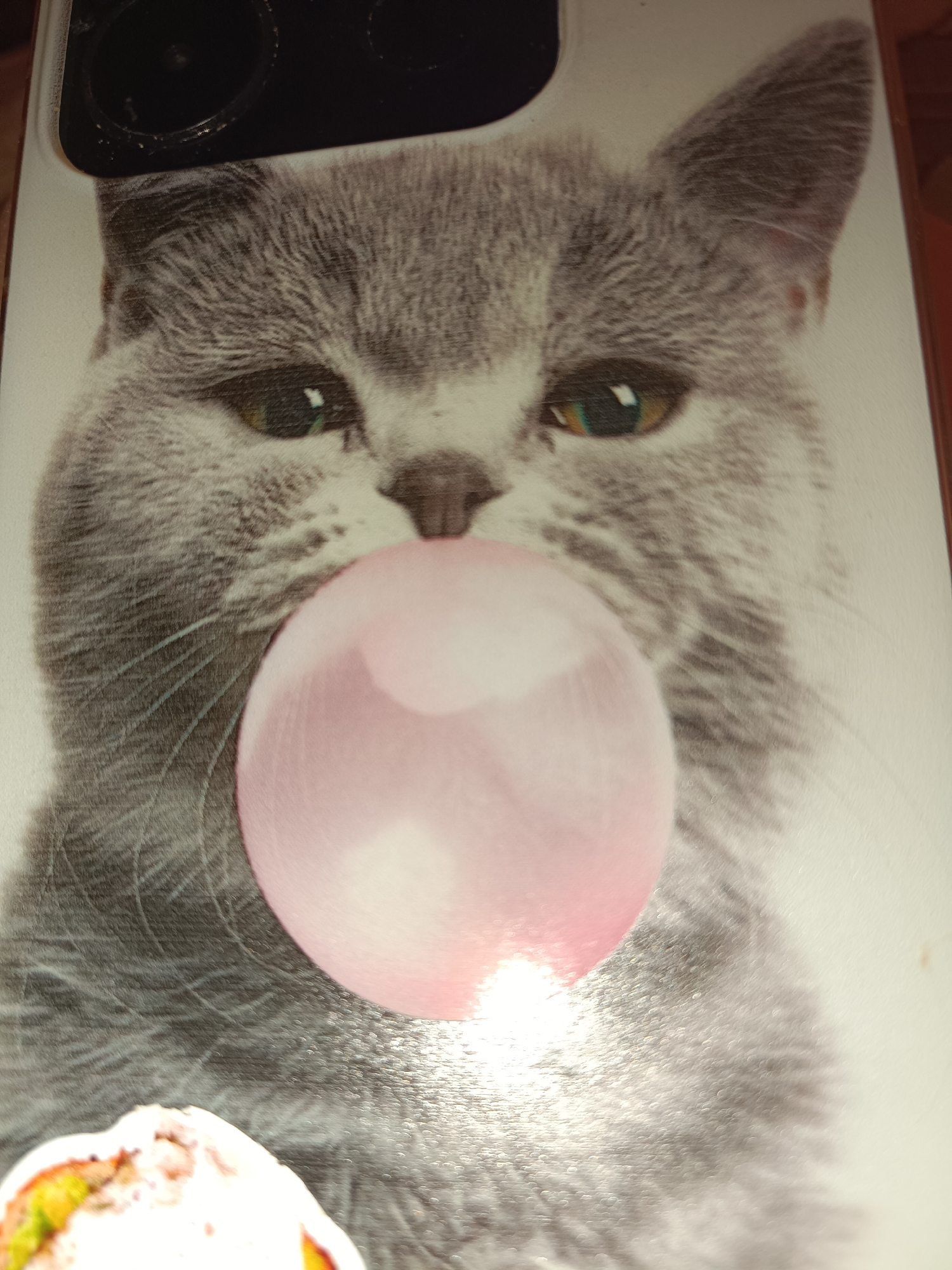 A close-up of a cellphone case featuring a gray cat blowing a pink bubble. The top of the case shows a black camera module. An unidentified object is partially visible in the lower left corner. The background is blurred. There is no information to ascertain its location in Tobolsk, Russia.