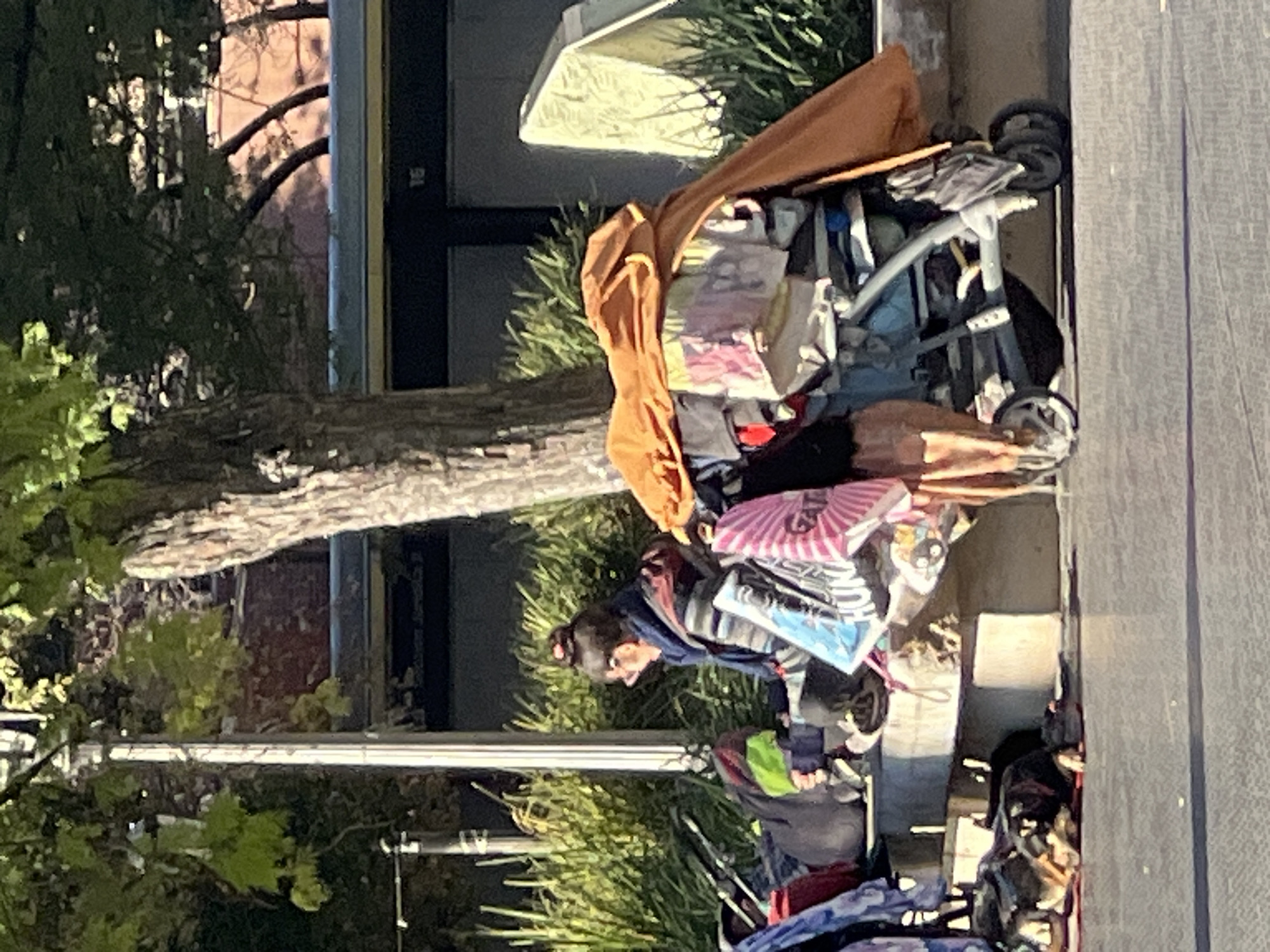 An outdoor scene shows a woman pushing a stroller piled high with belongings, including bags, blankets, and clothing. She appears to be walking along a sidewalk next to a street or road. The background includes trees, greenery, and a building. The exact location within Buenos Aires, Argentina, is not discernible from the image alone.