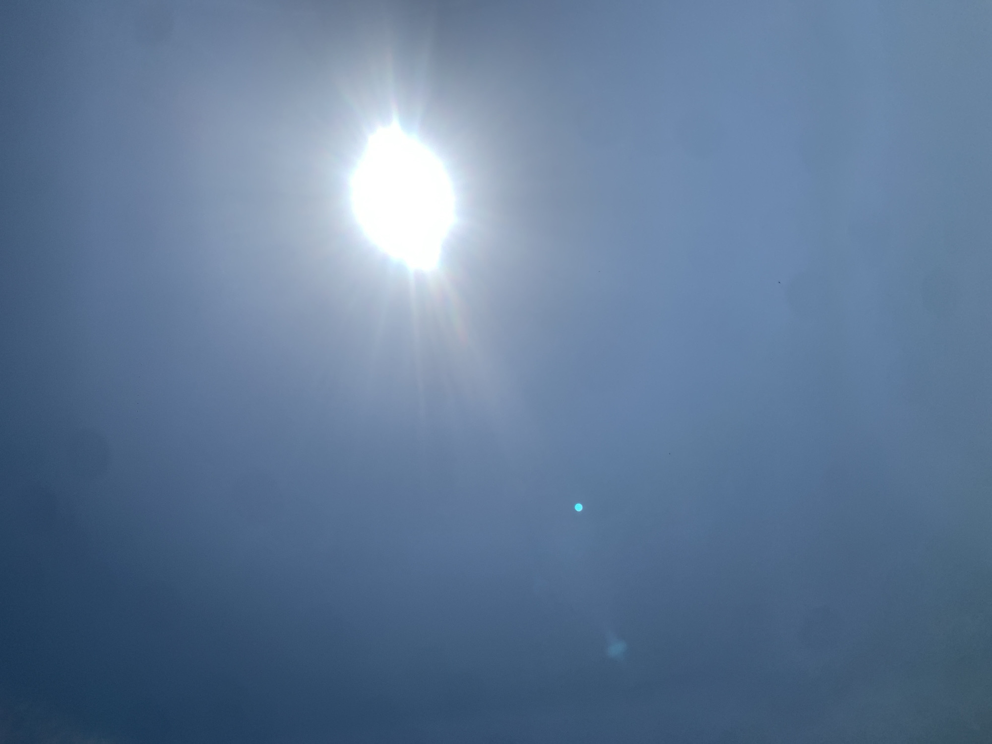 The image shows a bright sun high in a clear blue sky, with some lens flare visible. There are a few small dark specks in the sky, possibly birds or dust. The lighting suggests it is daytime. The environment is an outdoor sky view, with no discernible city landmarks or signs of human activity.