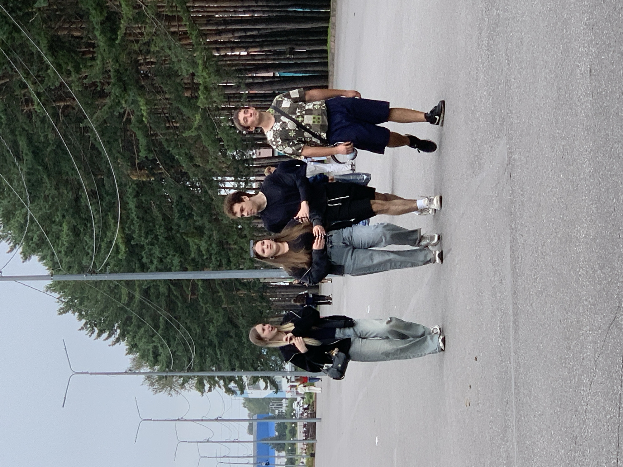 Four young adults, two females and two males, are walking on a paved pathway in Prokopyevsk, Russia. The females are on the left side of the frame, wearing black jackets and baggy jeans. The male on the left is wearing a black long-sleeved shirt and black shorts. The male on the right is wearing a patterned t-shirt and dark blue shorts. They are walking away from the camera, towards a line of tall evergreen trees. In the background, there are streetlights and overhead wires. The overall setting appears to be an outdoor public space, possibly a park or a promenade, with a line of trees bordering a wide pathway. The sky is overcast.