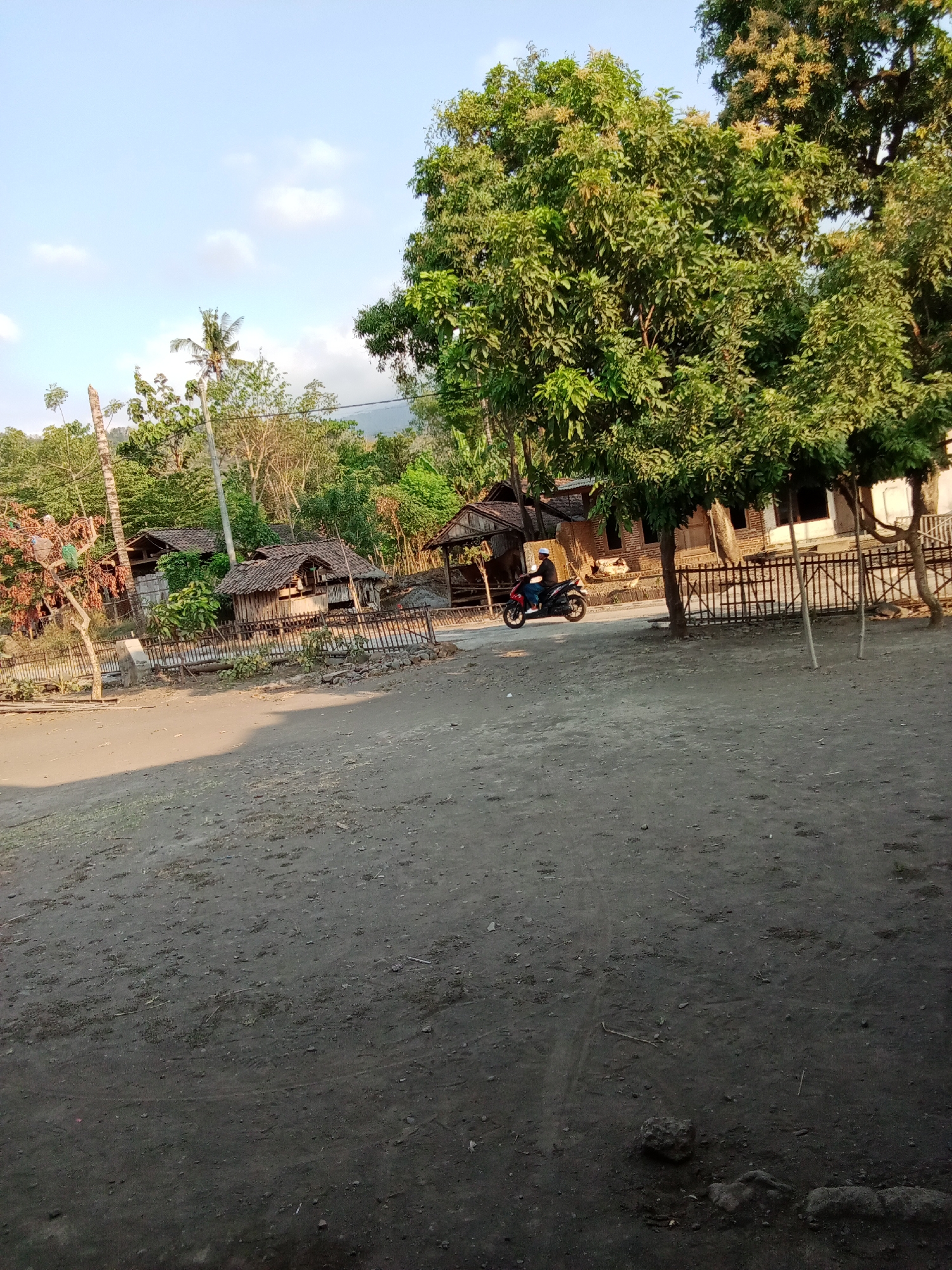 The image depicts a scene in a rural area of Selowogo, Indonesia. A person is riding a red motorcycle from left to right across a dusty, dirt road. To the left of the road, several traditional Indonesian houses with thatched roofs are visible, surrounded by trees. A tall palm tree stands out among the vegetation. The background is filled with lush green trees and a distant hillside, under a clear blue sky with scattered white clouds. A black metal fence runs along the edge of the property where the houses are located. The overall environment suggests a warm, sunny day in a village setting.