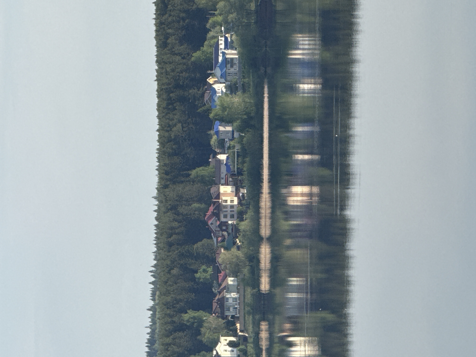 The image depicts a waterside view of buildings and trees in Votkinsk, Russia. The buildings, a mix of multi-story homes and smaller structures, are lined up along the shore, interspersed with trees. A dense forest stretches along the left side of the image. The water reflects the buildings and trees, creating a blurred, symmetrical pattern. The sky is a pale blue or grey.