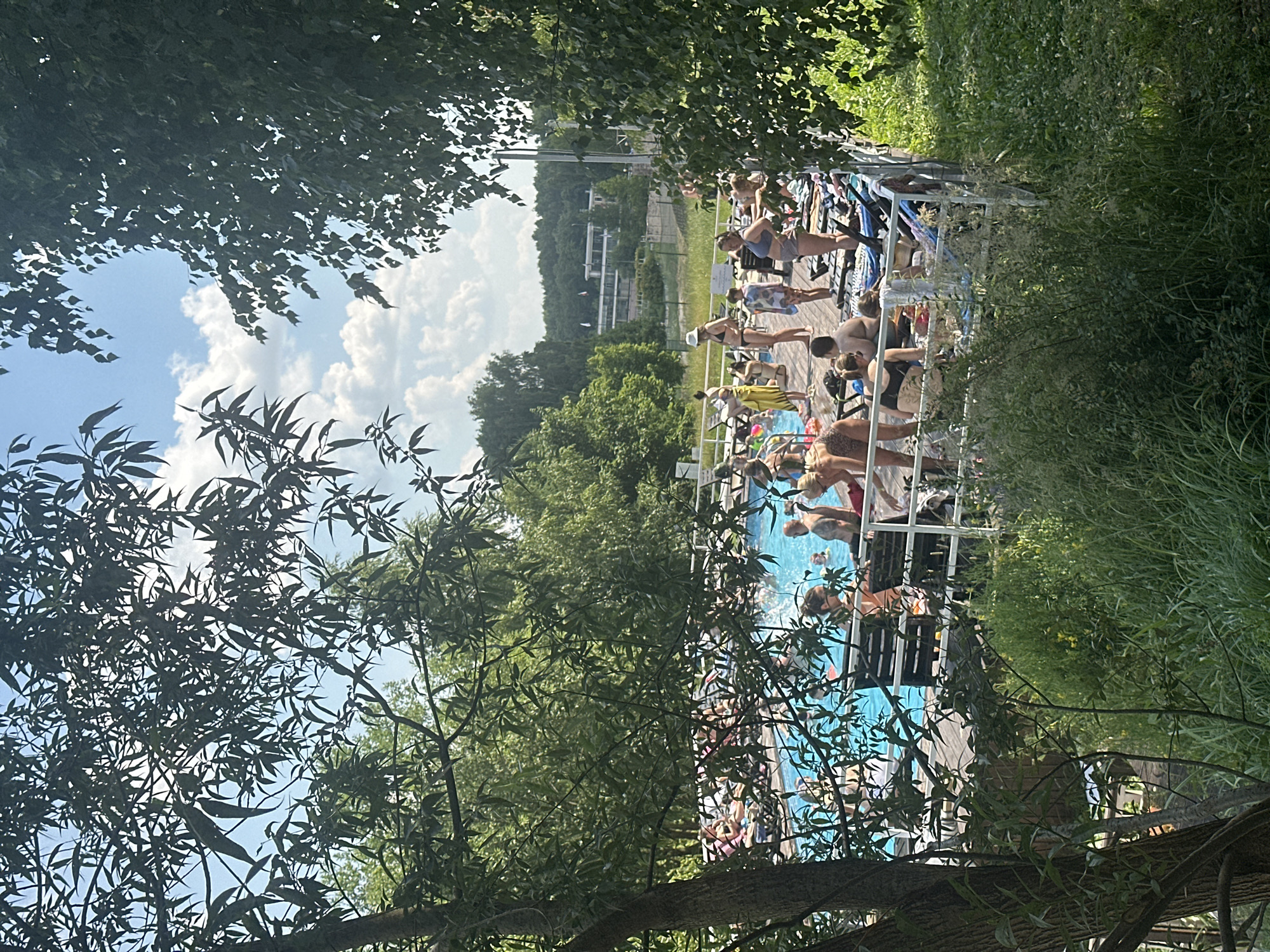 This image depicts a sunny day at an outdoor swimming pool complex, likely in Dal'nie Prudishchi, Russia. The scene is filled with people enjoying leisure activities around a vibrant blue pool. A wooden deck surrounds the pool, furnished with lounge chairs and towels, indicating a relaxed atmosphere. People are seen sunbathing, chatting, and interacting, suggesting a social gathering or a day out with family and friends.
The natural environment plays a significant role, with lush green trees and grass framing the pool area. The foliage, particularly the leaves in the foreground and scattered throughout the scene, suggests it's either spring or summer. Sunlight filters through the leaves, casting dappled shadows and highlighting the bright blue of the water. The sky is partly cloudy, with white cumulus clouds against a clear blue backdrop, indicating fair weather.
The perspective of the image, taken from slightly above and looking down, captures a bustling scene. In the background, there are some buildings nestled amidst a wooded hillside, offering a glimpse of the surrounding landscape and hinting at the location's setting. There are no visible text elements in the image. The overall mood appears cheerful and relaxed, typical of a pleasant day at a recreational facility.