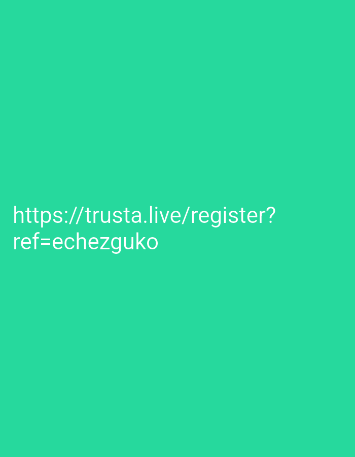 The image is a close-up shot of white text on a teal background. The text reads "https://trusta.live/register?ref=echezguko". There is no indication of Jalingo, Nigeria, or any other location. The scene is devoid of people, actions, or interactions.