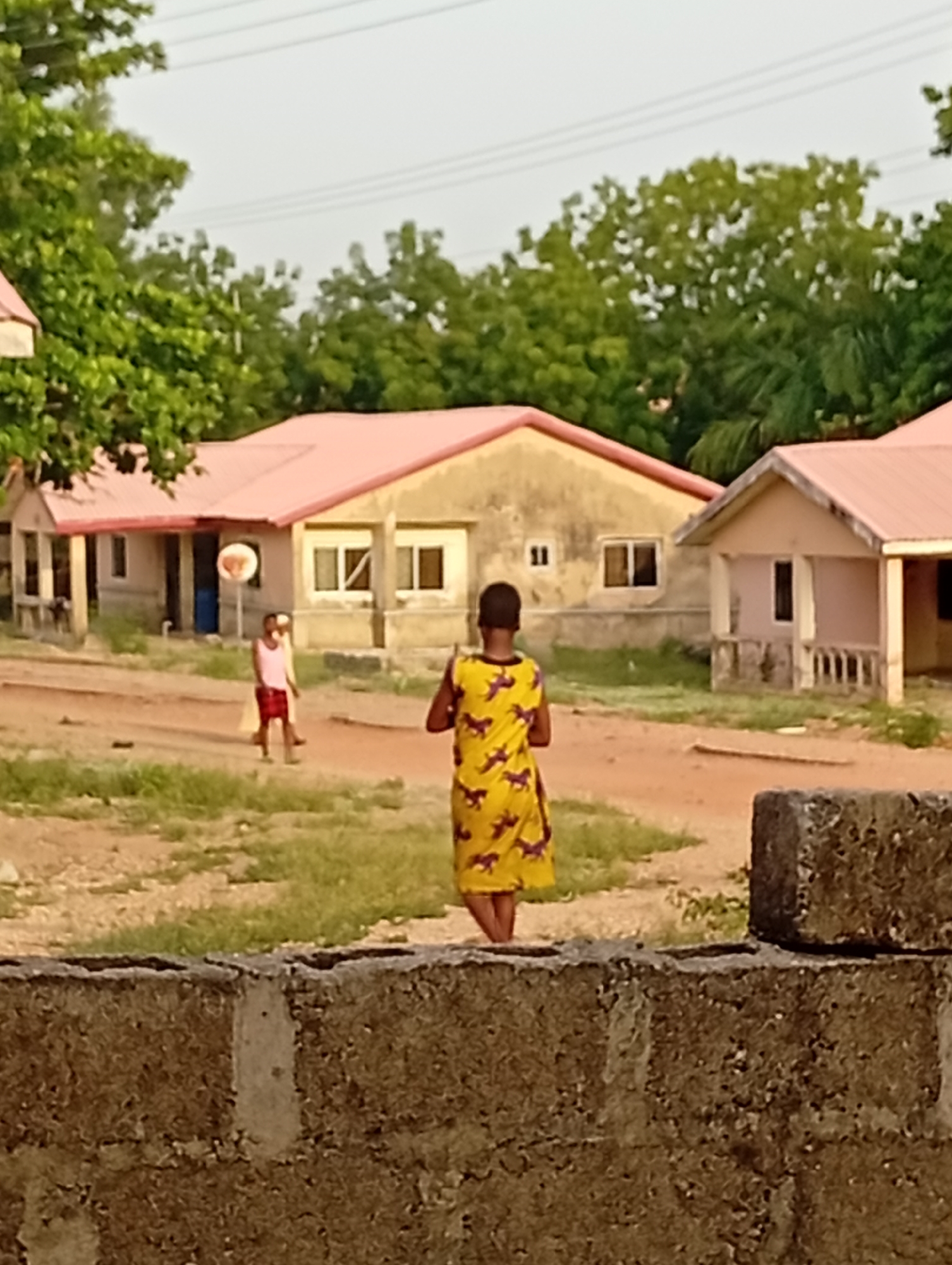 The image depicts a dirt road in Adankolo, Nigeria, with two children standing in the road while another child walks away from the viewer. Behind the children are two simple, single-story buildings with peach-colored roofs. The building to the left is yellowish-tan, while the building to the right is pink. The foreground of the image is dominated by a partially visible cement wall. In the background, trees are visible. Powerlines stretch across the top of the image.