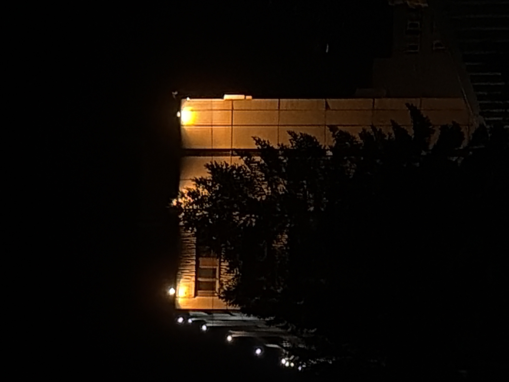 At night, a building with a light brown facade is partially obscured by a dark tree in the foreground. The building's design incorporates rectangular sections, and it is lit with what appear to be exterior lights. Below, a string of lights is visible along the base of the building or the adjacent ground. The location is unknown.