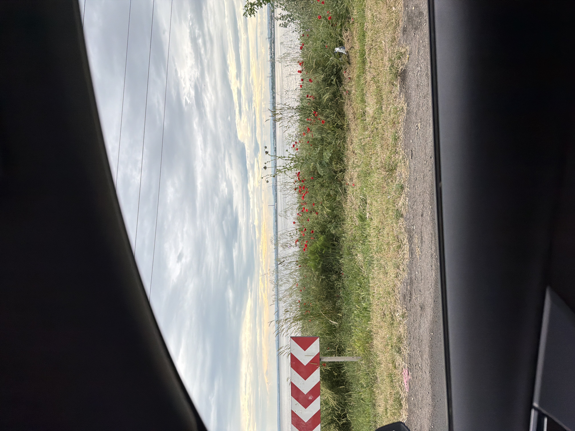 The image, taken from inside a vehicle, shows a roadside view with a landscape extending into the distance. A red and white chevron sign is positioned on the right side of the road, amidst tall grass and red poppies. Beyond the roadside vegetation, a body of water stretches out towards the horizon, under a sky filled with clouds.
While precise identification is difficult from this image, based on the general location of roadside poppies and bodies of water, it is likely this image was taken somewhere in Burgas, Bulgaria, which is a coastal city with vegetation along its roadsides. However, it is important to note that without further specific landmarks, pinpointing the exact location within Burgas remains challenging.