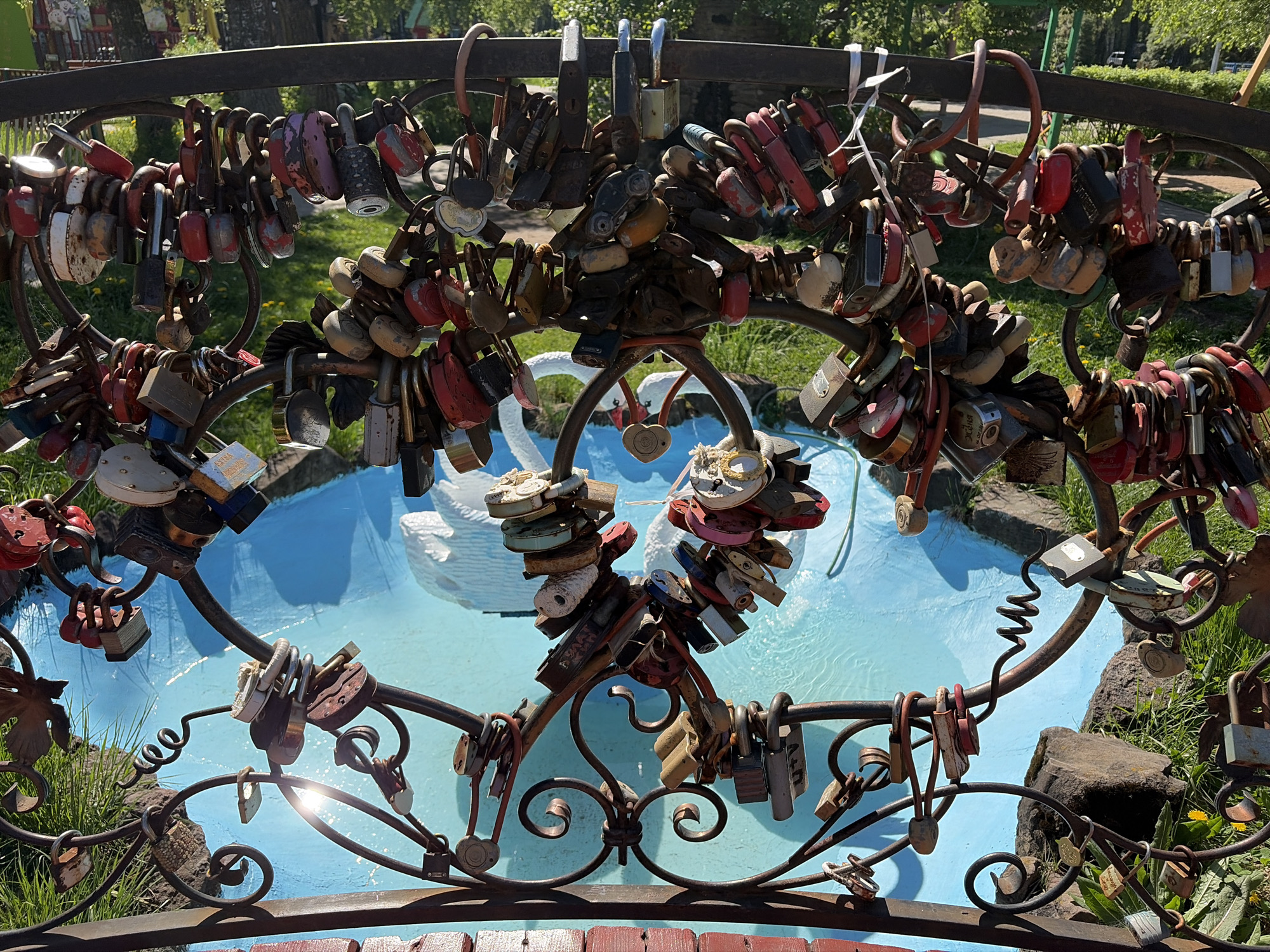 The image depicts a metal bridge railing densely adorned with love locks, overlooking a small, blue, artificial pond. A white swan sculpture is partially visible within the pond. The railing's structure is ornate, with swirls and embellishments. The locks vary in size, color, and material, ranging from small padlocks to larger, more elaborate ones, many showing signs of wear and rust. Surrounding the pond is green grass, some rocks, and scattered yellow dandelions. The scene is brightly lit, suggesting a sunny day. This scene is located in the city of Chaikovsky, Russia.