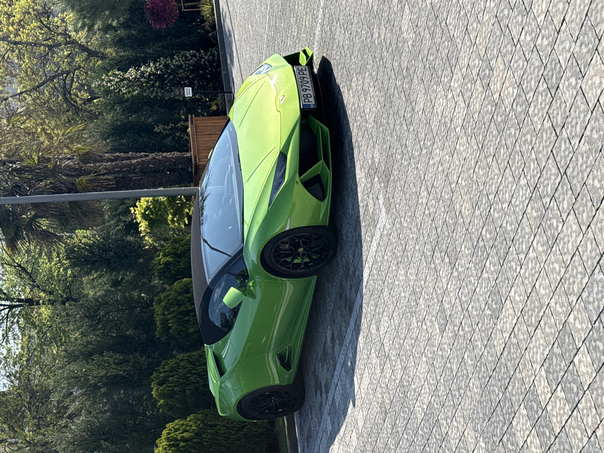 A green Lamborghini Huracan Spyder is parked on a paved lot in Plovdiv, Bulgaria. The license plate reads "PB 9709 PE". The vehicle is situated next to a landscaped area with trees, bushes, and palm trees. A small wooden structure or bench and a sign are visible behind the car, partially obscured by the vegetation. The paving consists of grey diamond-shaped blocks. The weather appears sunny.