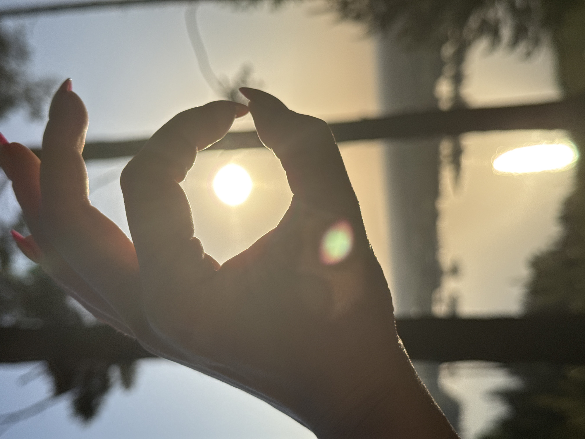 A sunlit scene shows a hand making an "OK" gesture. The sun is visible through the circle formed by the thumb and forefinger. The background features a body of water, potentially a lake or river, with reflections of light. Silhouetted trees are also visible. The location is Noviy, Russia.