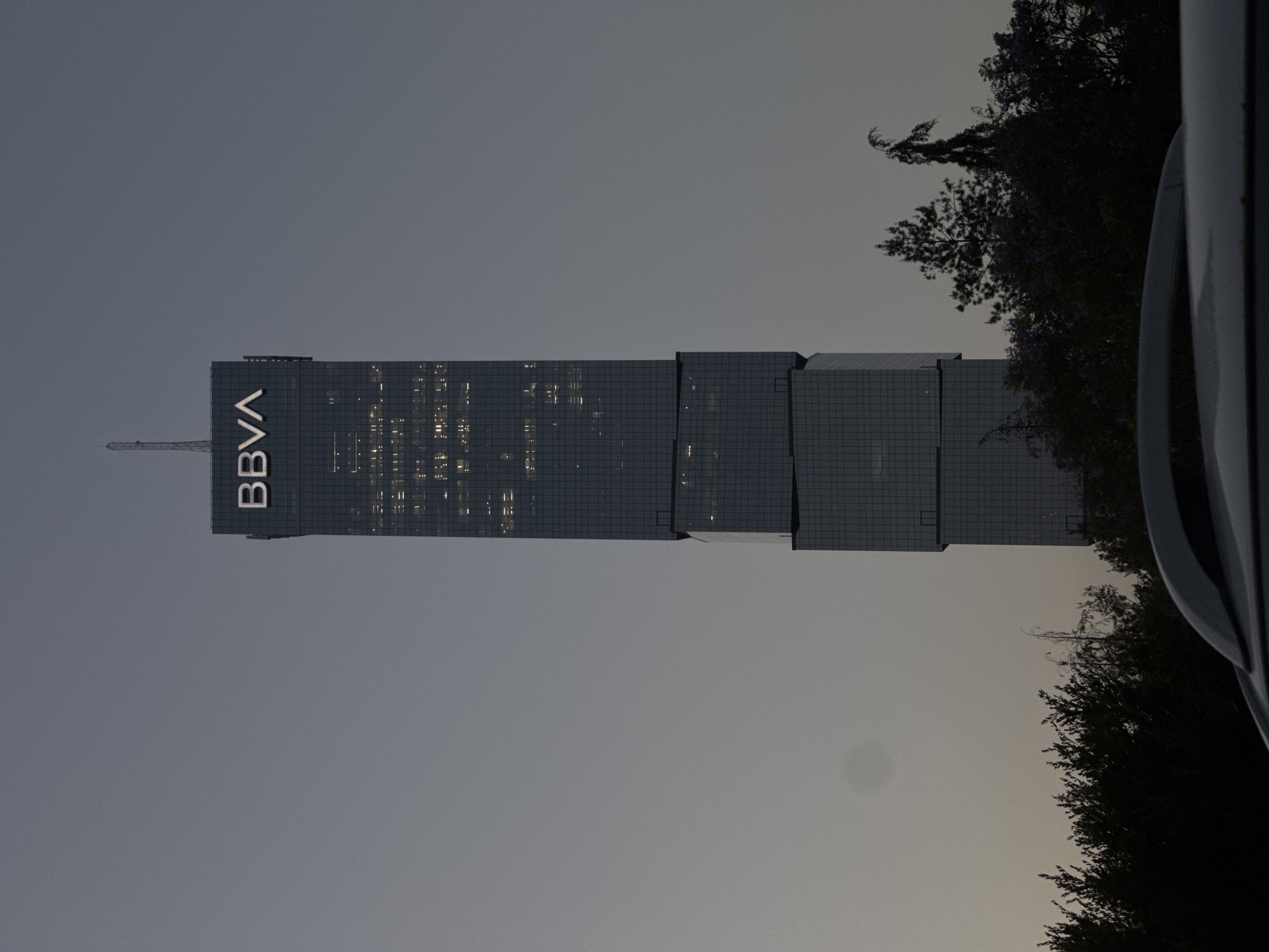 The image depicts a modern, tall skyscraper featuring the illuminated "BBVA" logo prominently displayed vertically on its side. The building is constructed with a grid of glass panels, and many interior lights are visible through the windows, suggesting it is either late evening or early morning, with offices active or lit. The sky transitions from a darker grey at the top to a lighter, slightly warmer grey closer to the horizon, indicative of twilight (dusk or dawn).
On the right side of the frame, dark, dense foliage from several trees partially obscures the building, appearing almost silhouetted against the sky. A small part of what appears to be a white or light-colored vehicle, possibly a car, is visible on the far right edge of the image, contributing to a slightly obstructed view. A slender antenna or crane structure is visible near the top left of the building, beside the BBVA sign. The overall scene suggests an urban setting in low light conditions. The location context provided is Puebla, Mexico.