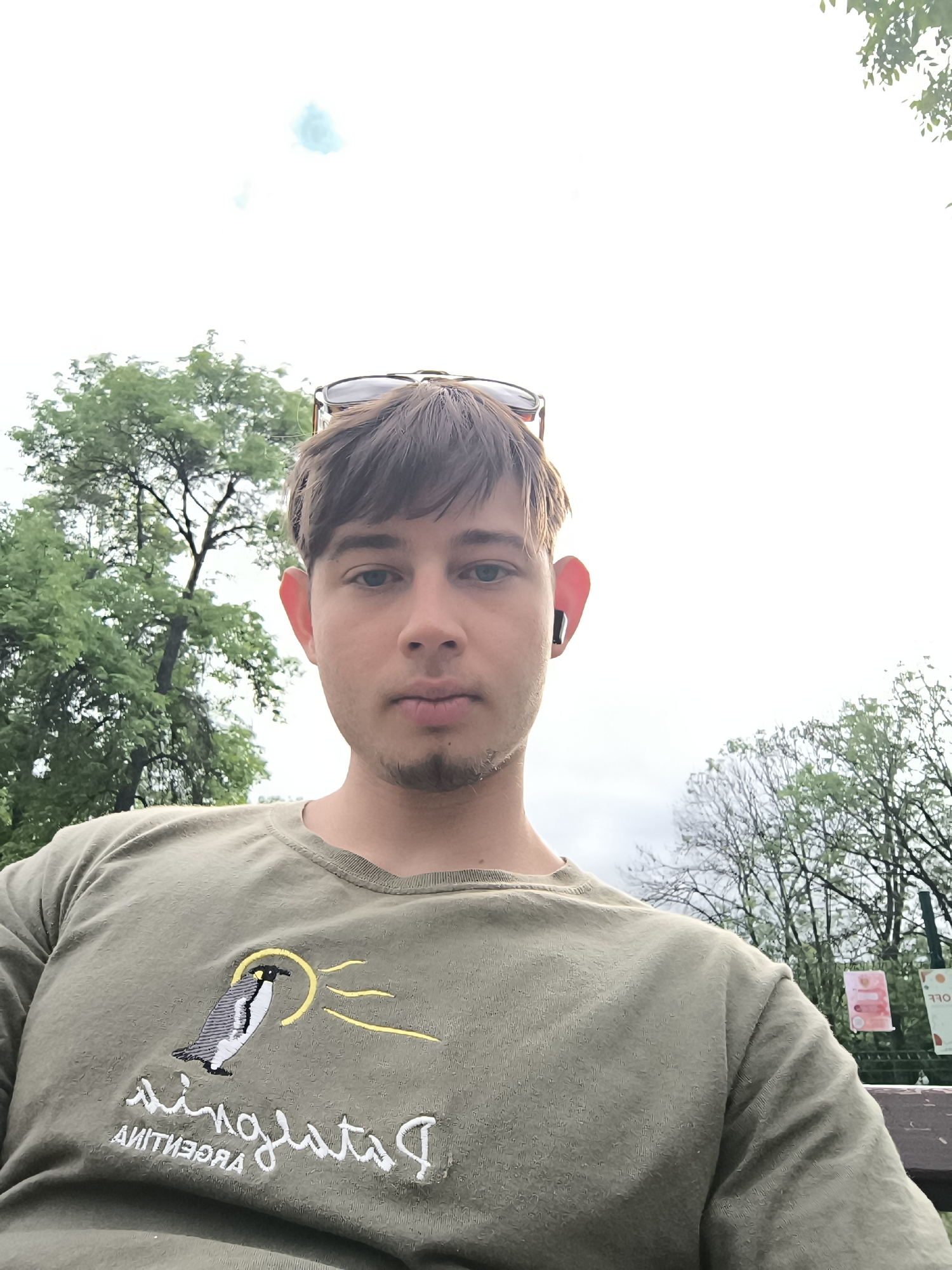 The image is a selfie of a young man with short brown hair and blue eyes. He is wearing a green t-shirt with a penguin and the word "Patagonia" embroidered on it. Sunglasses are placed atop his head, and he has an earbud in his right ear. The background includes trees and a cloudy sky. Considering the environment and the presence of signs in the background, the location appears to be a park or public area within Sofia, Bulgaria. A bench is also visible.